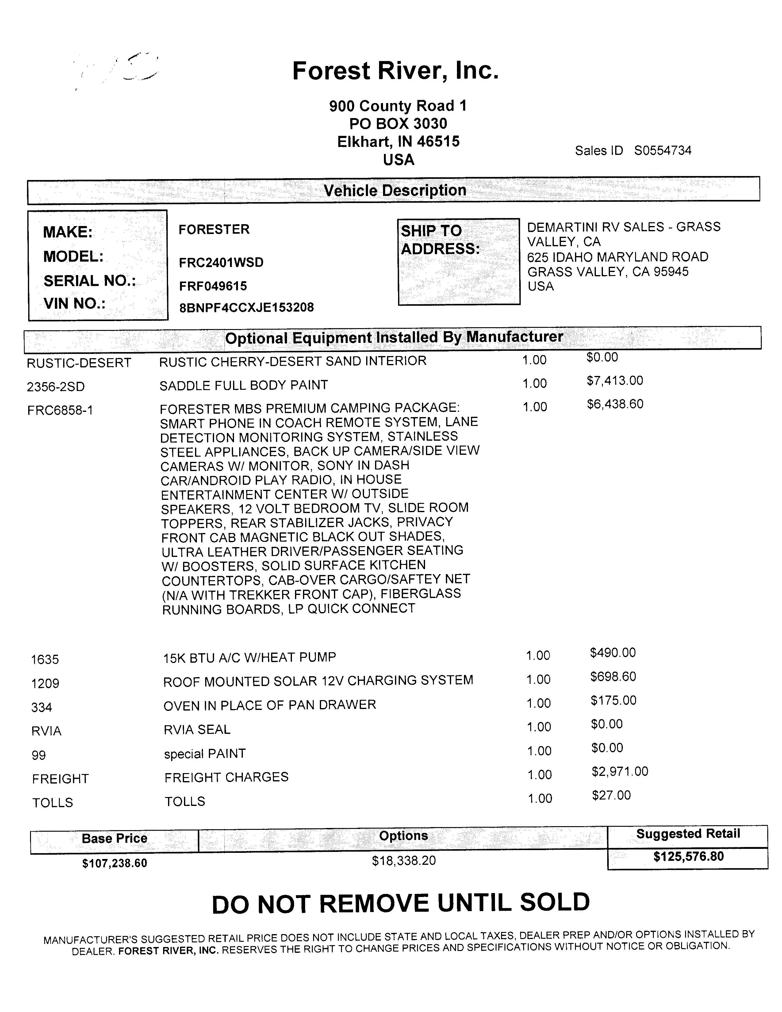 2020 Forest River Forester MBS 2401W MSRP Sheet