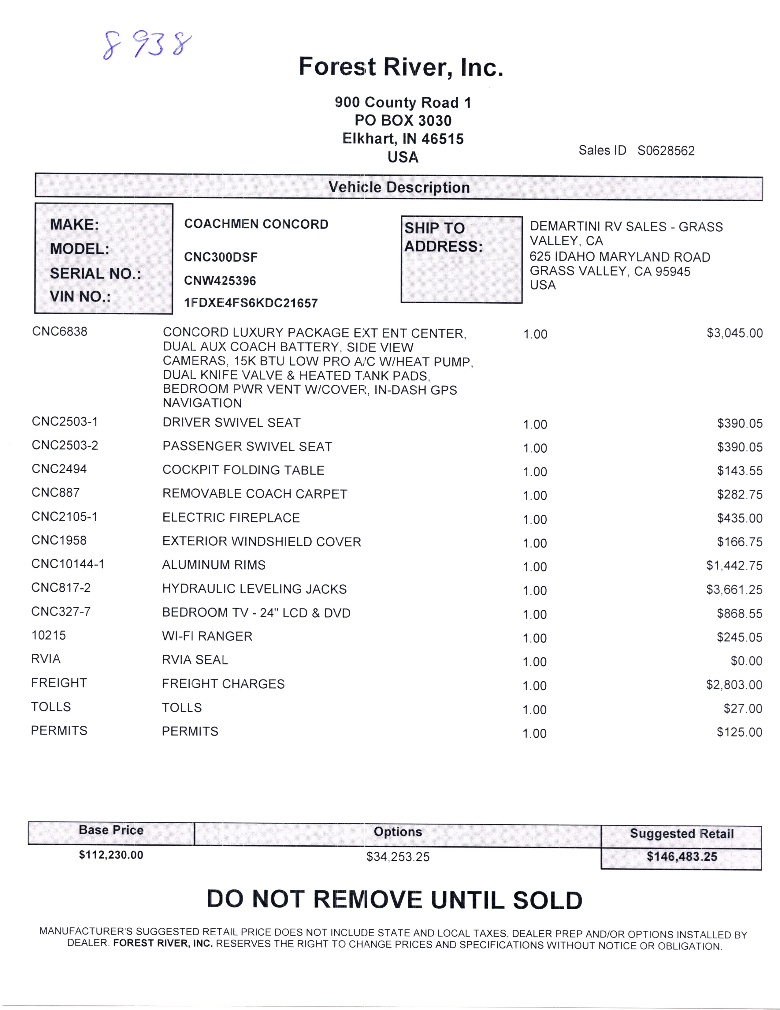 2020 Coachmen Concord 300DS MSRP Sheet