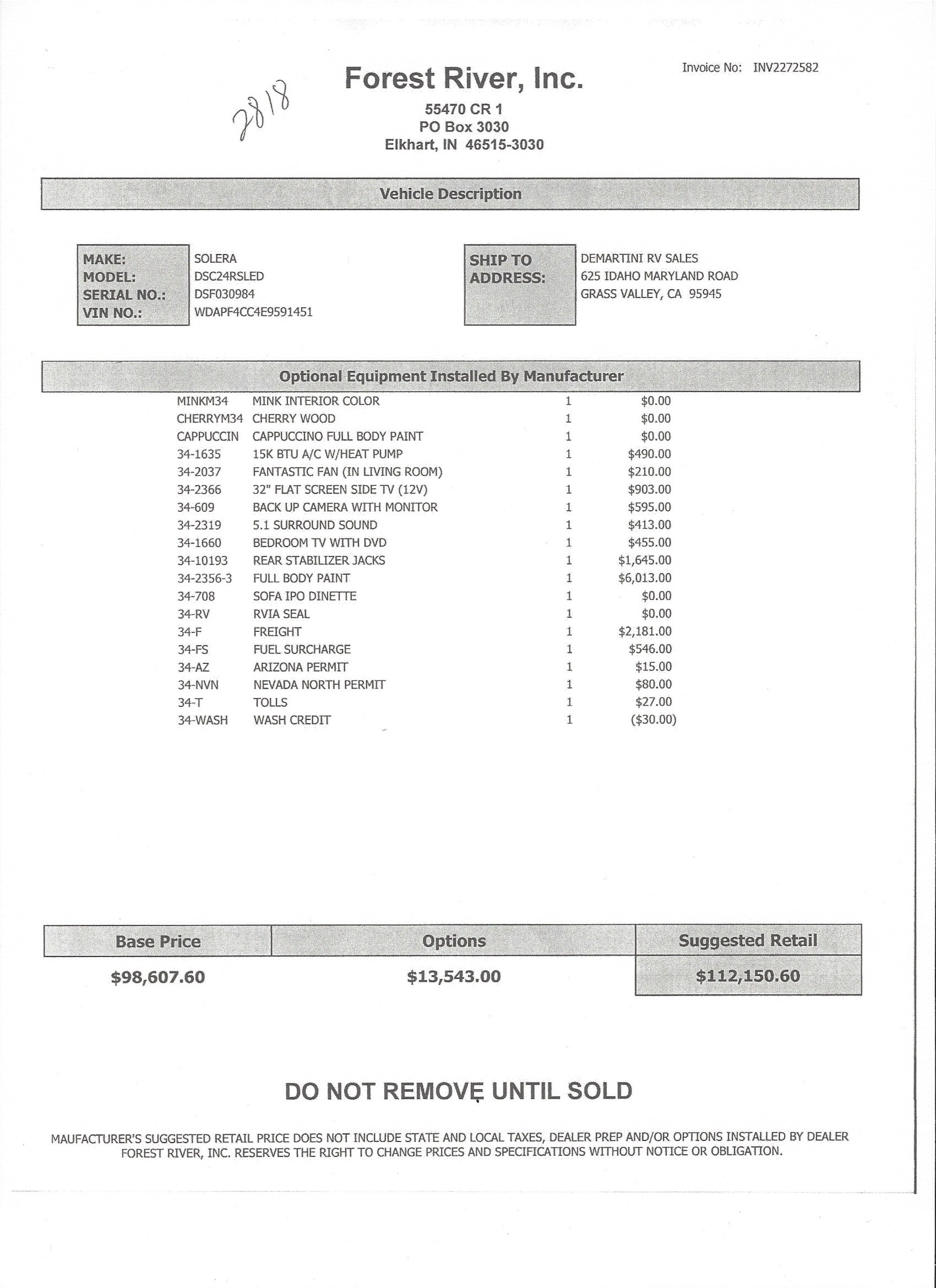 2015 Forest River Solera 24R MSRP Sheet