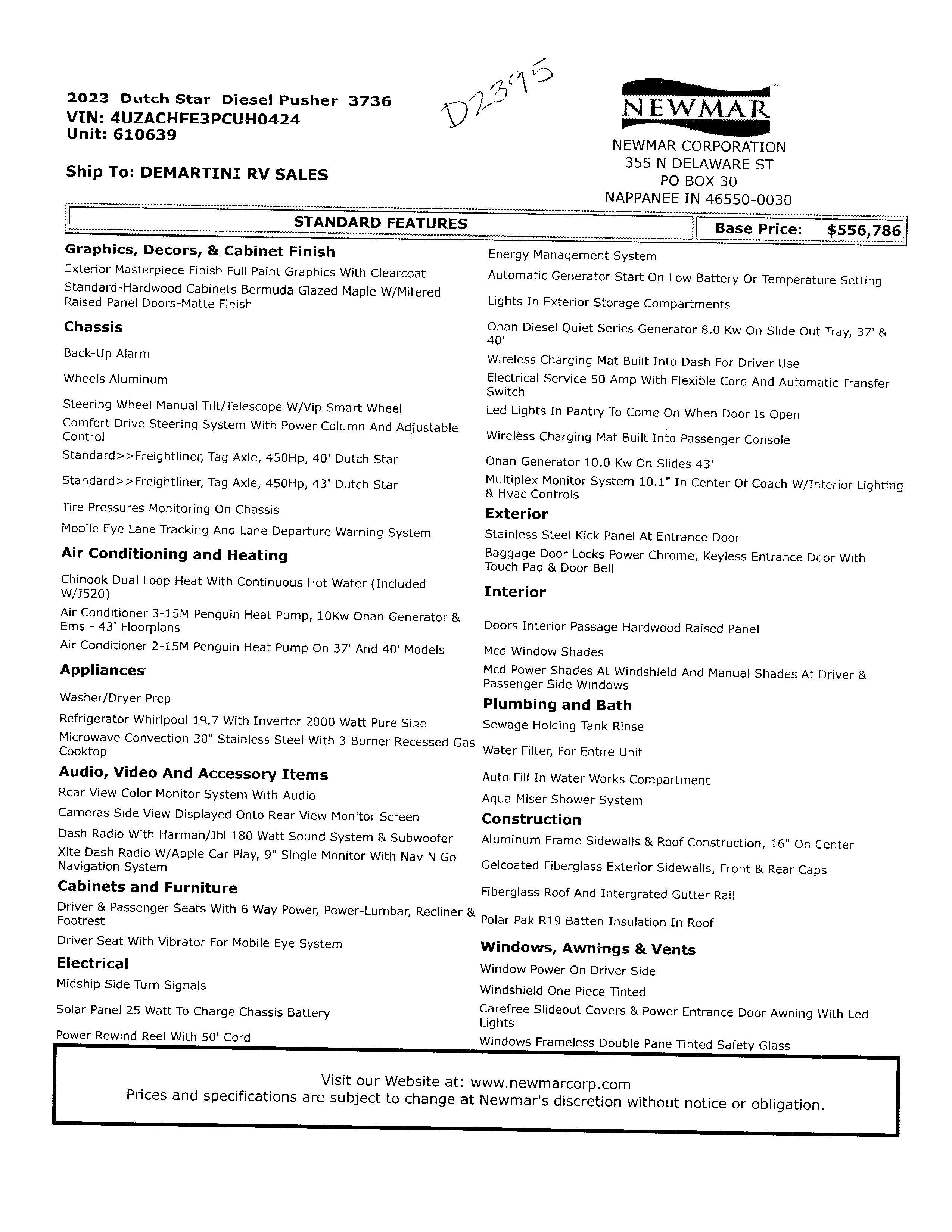 2023 Newmar Dutch Star 3736 MSRP Sheet