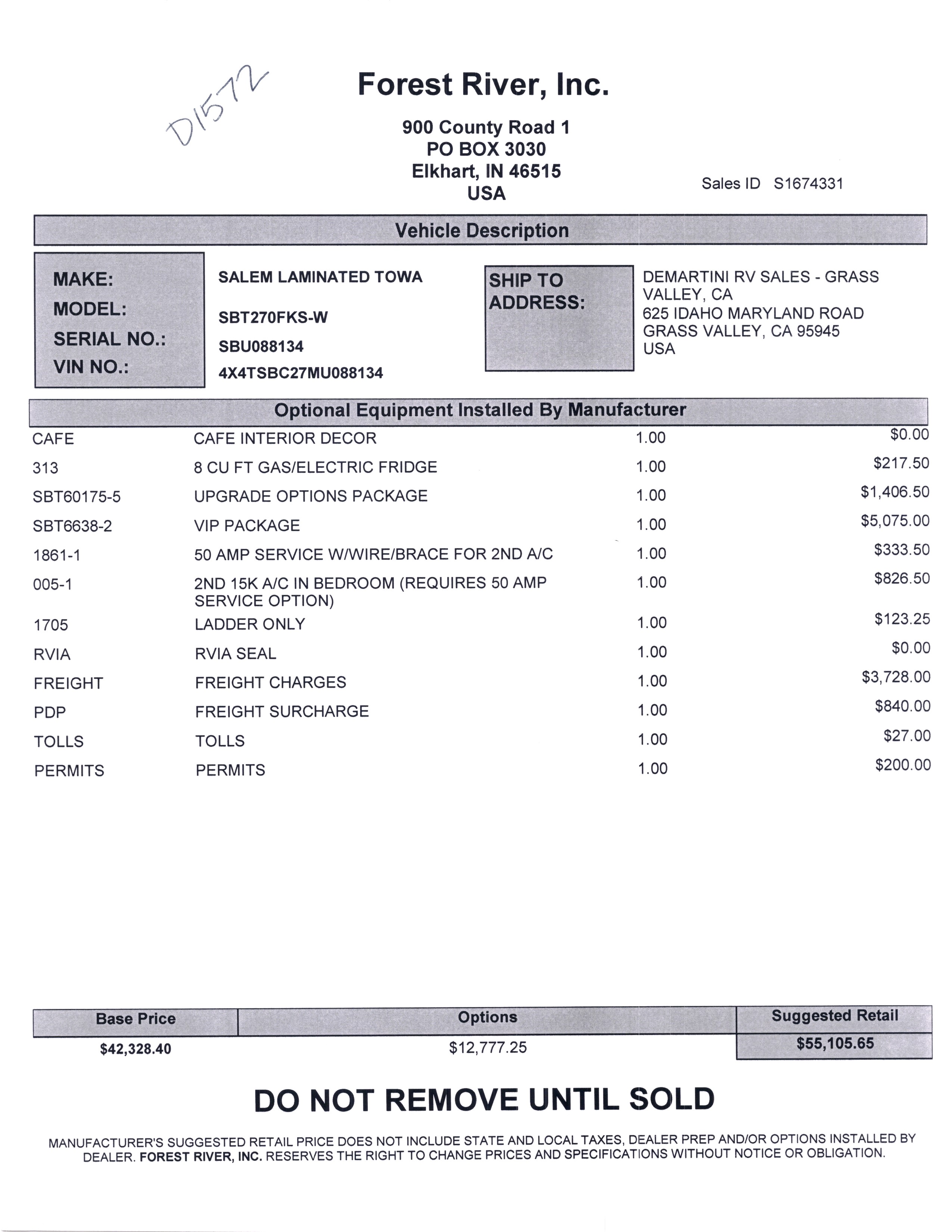 2021 Forest River Salem Hemisphere 270FKS MSRP Sheet