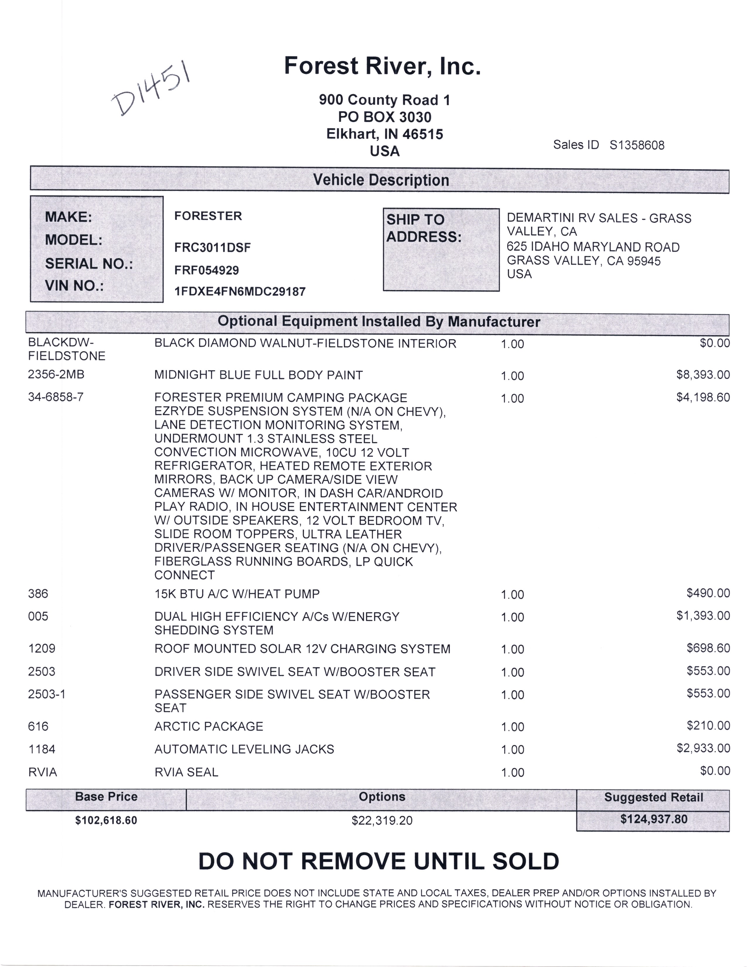 2021 Forest River Forester Classic 3011DS MSRP Sheet