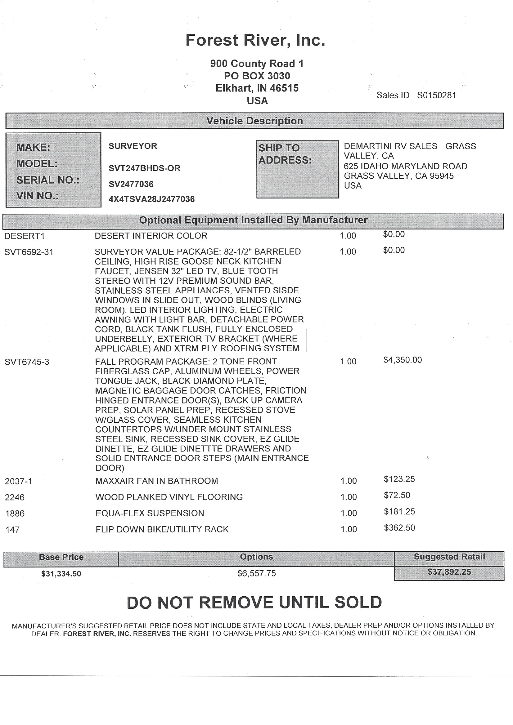 2018 Forest River Surveyor 247BHDS MSRP Sheet