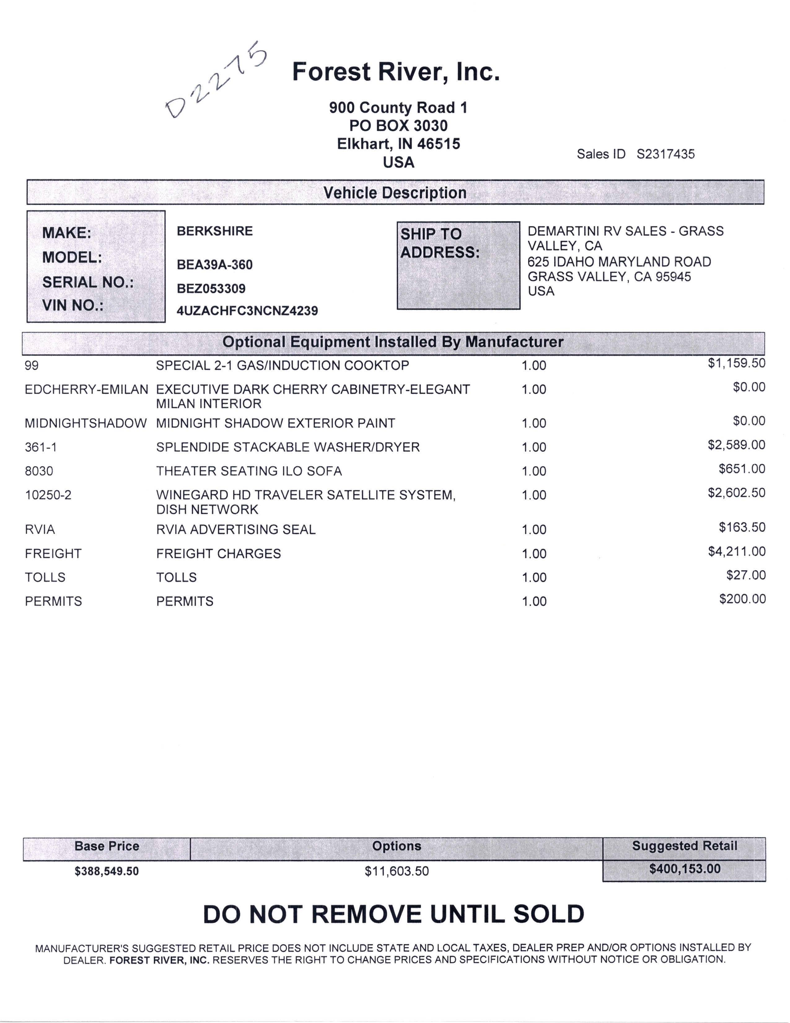 2022 Forest River Berkshire 39A MSRP Sheet