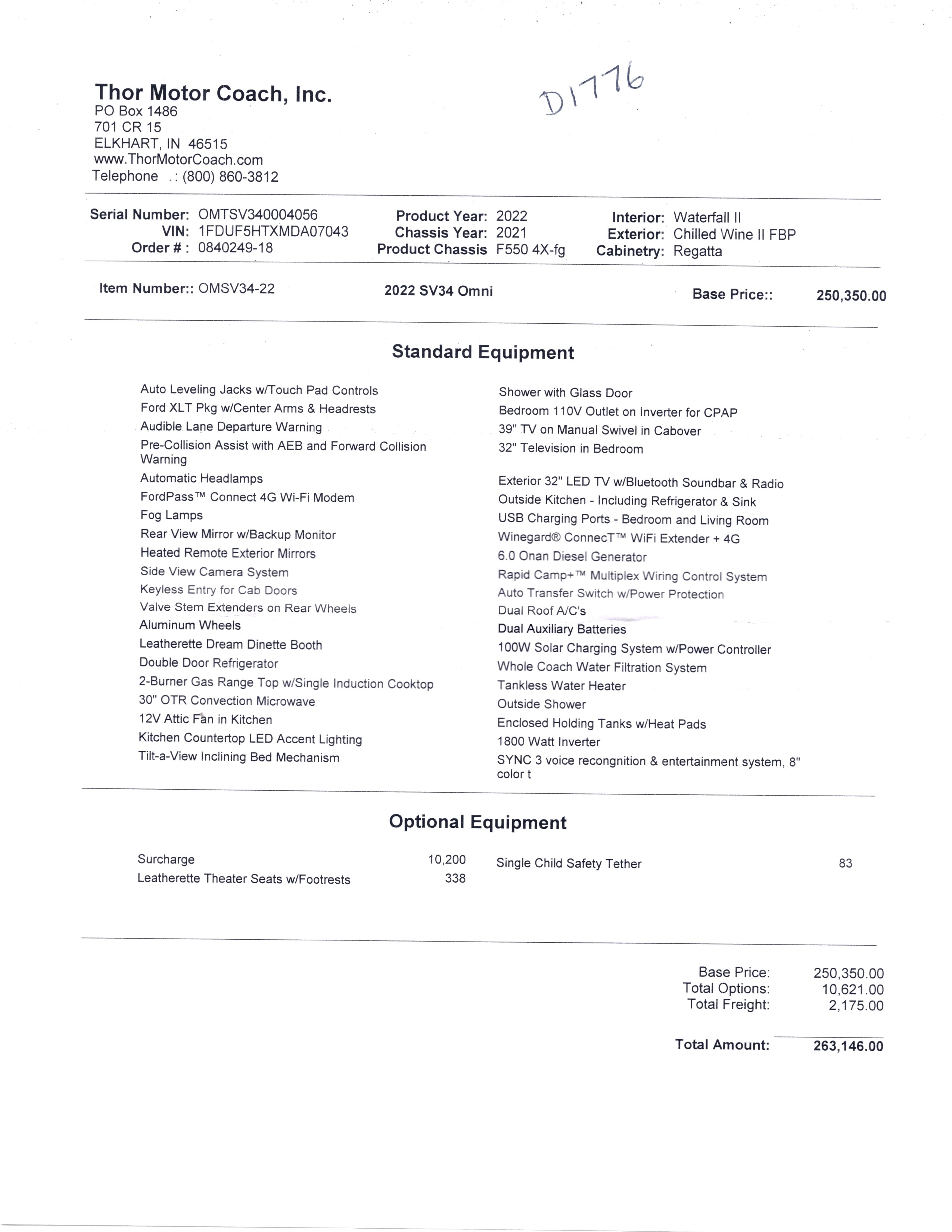 2022 Thor Omni SV34 4x4 MSRP Sheet