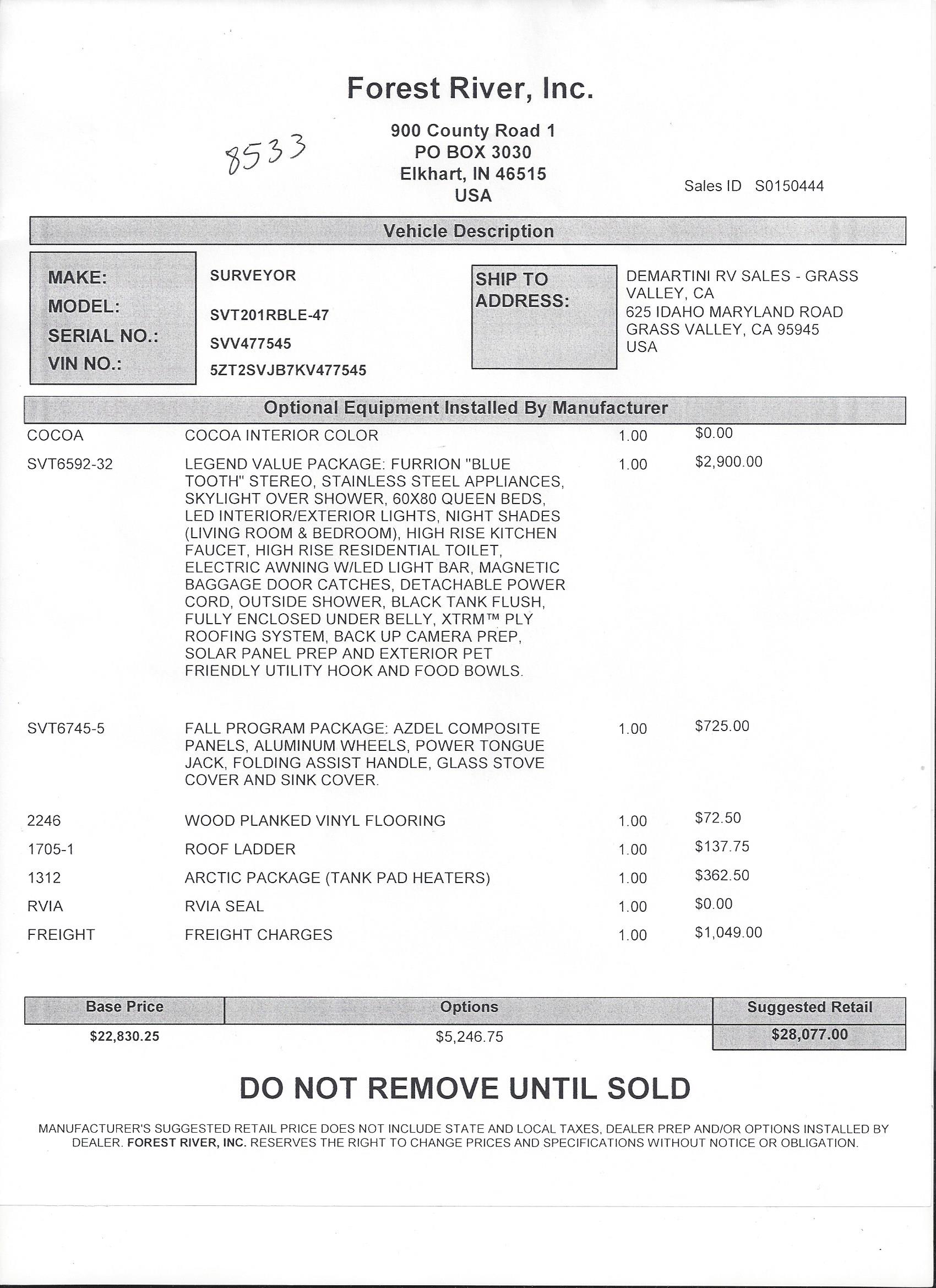 2019 Forest River Surveyor Legend 201RBLE MSRP Sheet