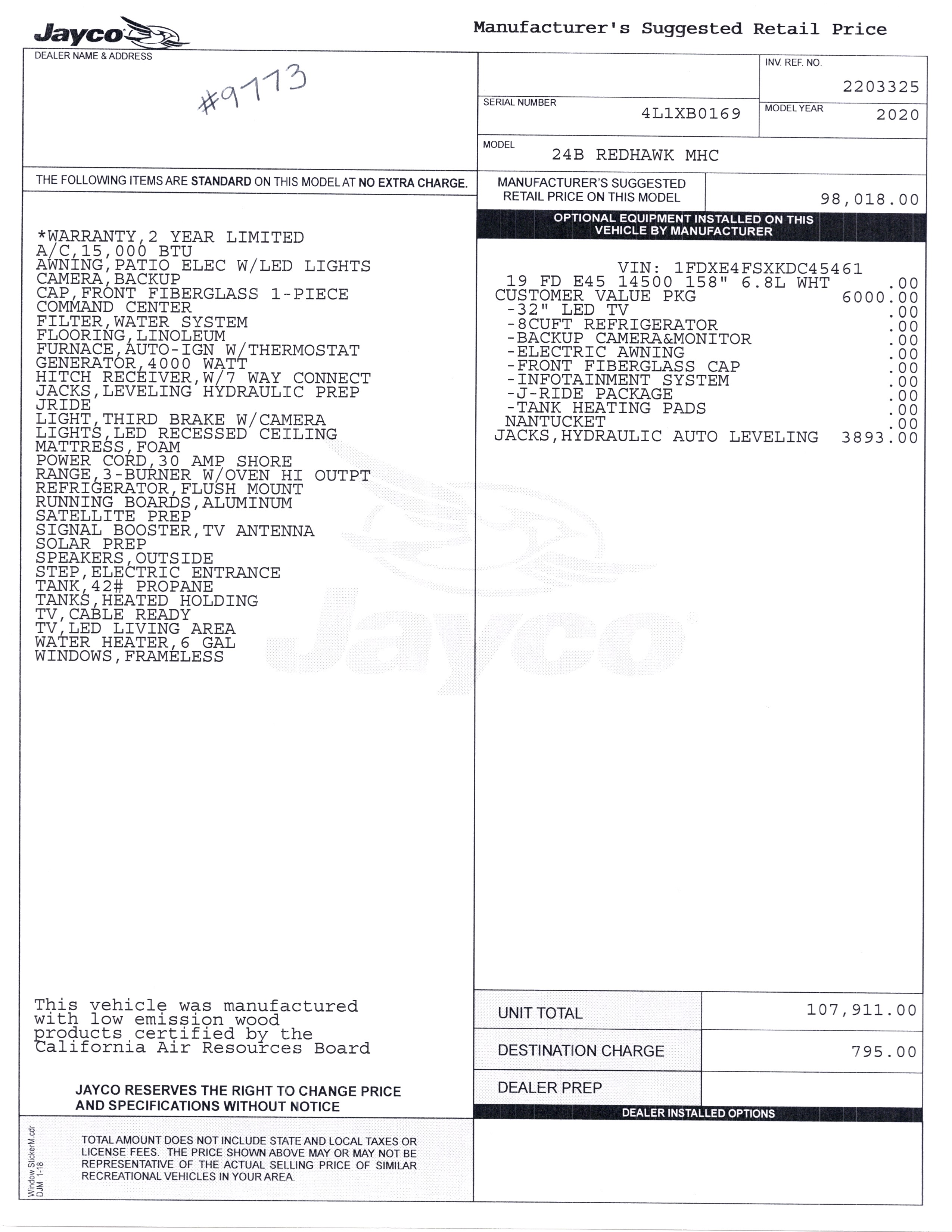 2020 Jayco Redhawk 24B MSRP Sheet