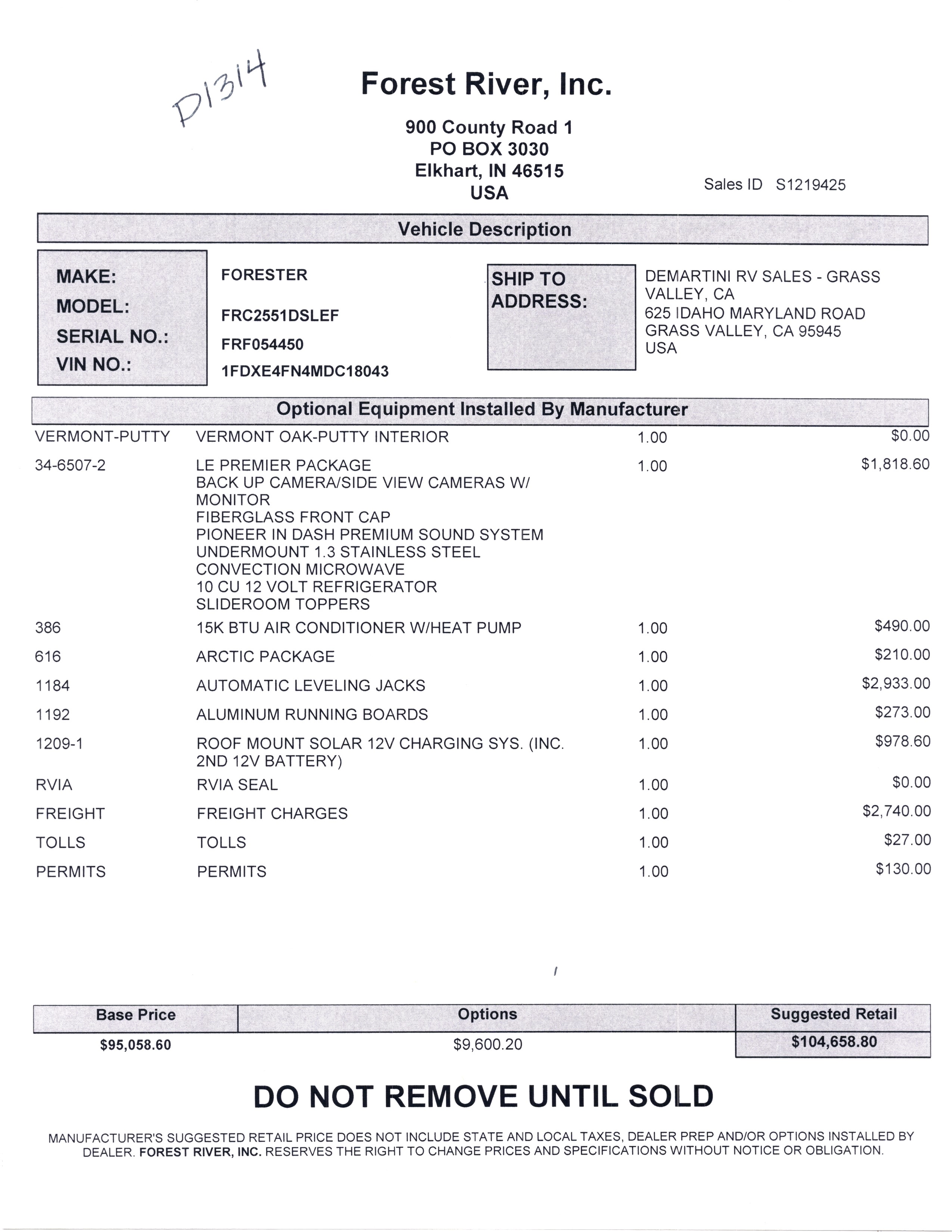 2021 Forester River Forester LE 2551DSLE MSRP Sheet