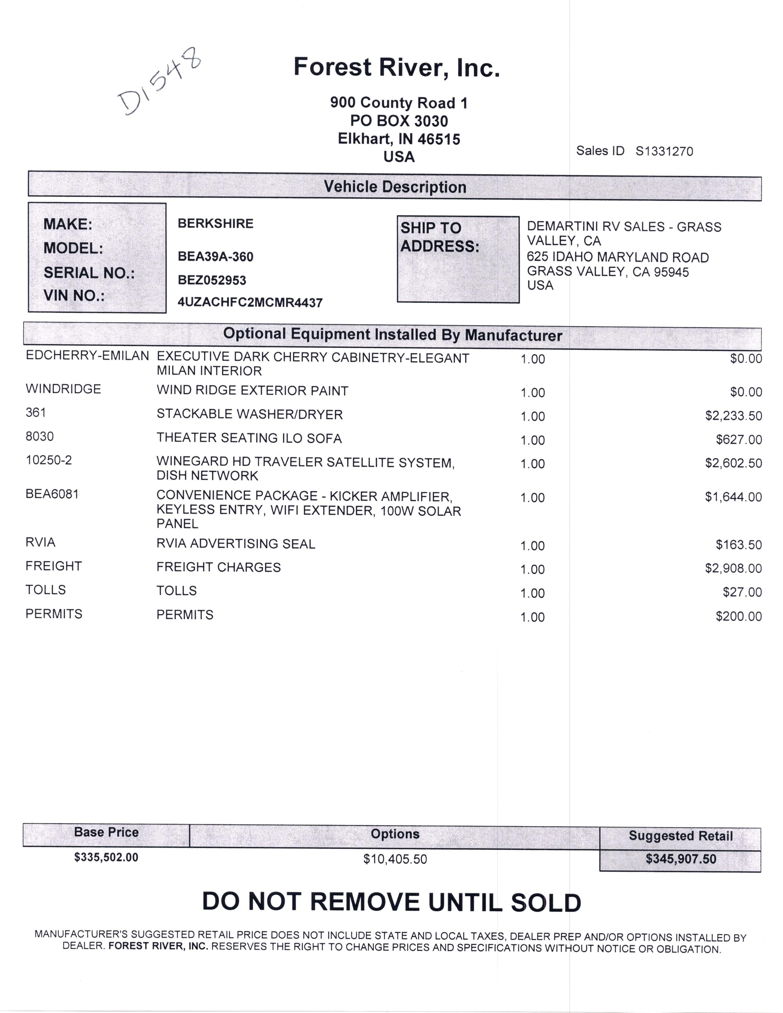 2021 Forest River Berkshire 39A MSRP Sheet