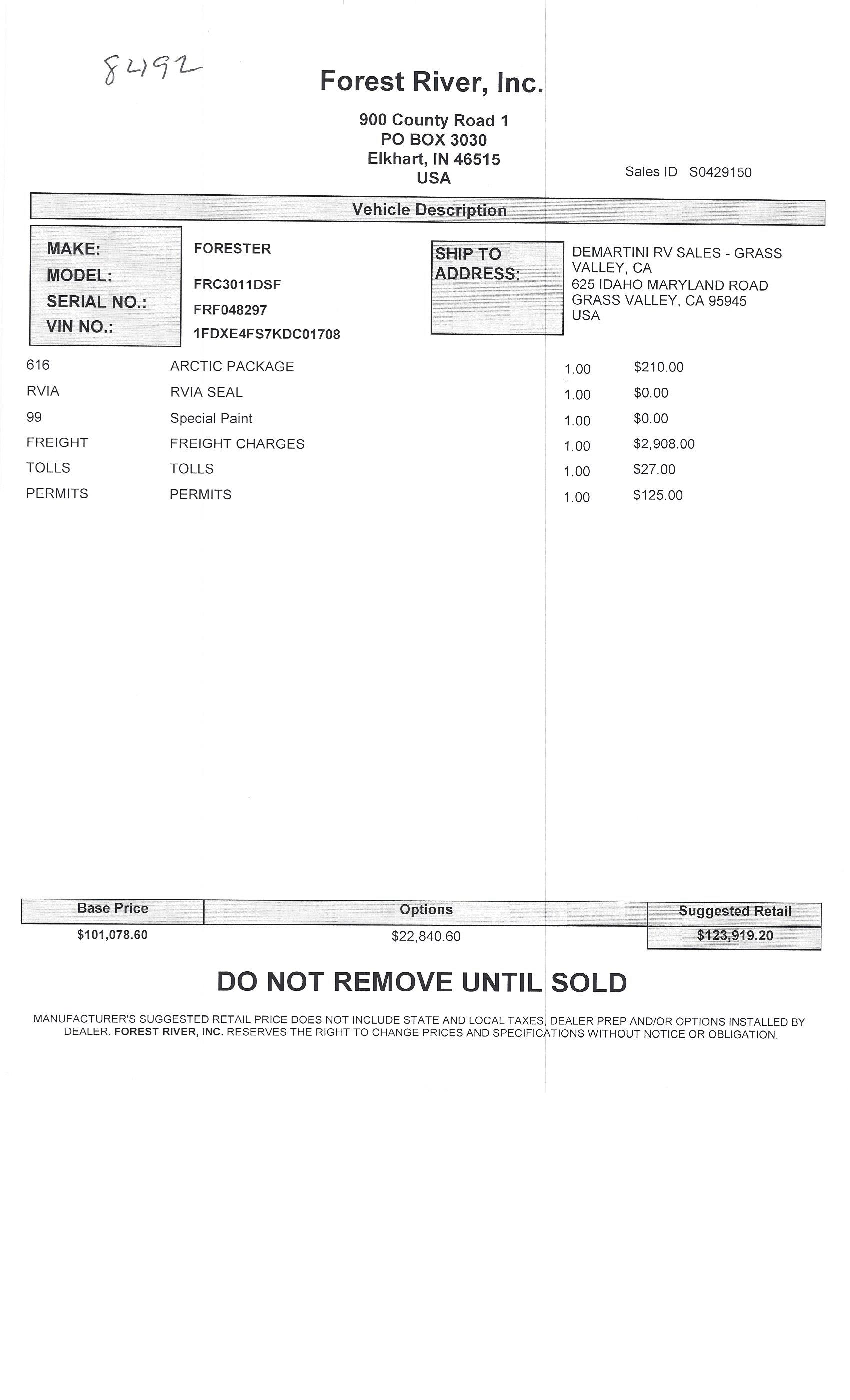 2019 Forest River Forester 3011DS MSRP Sheet