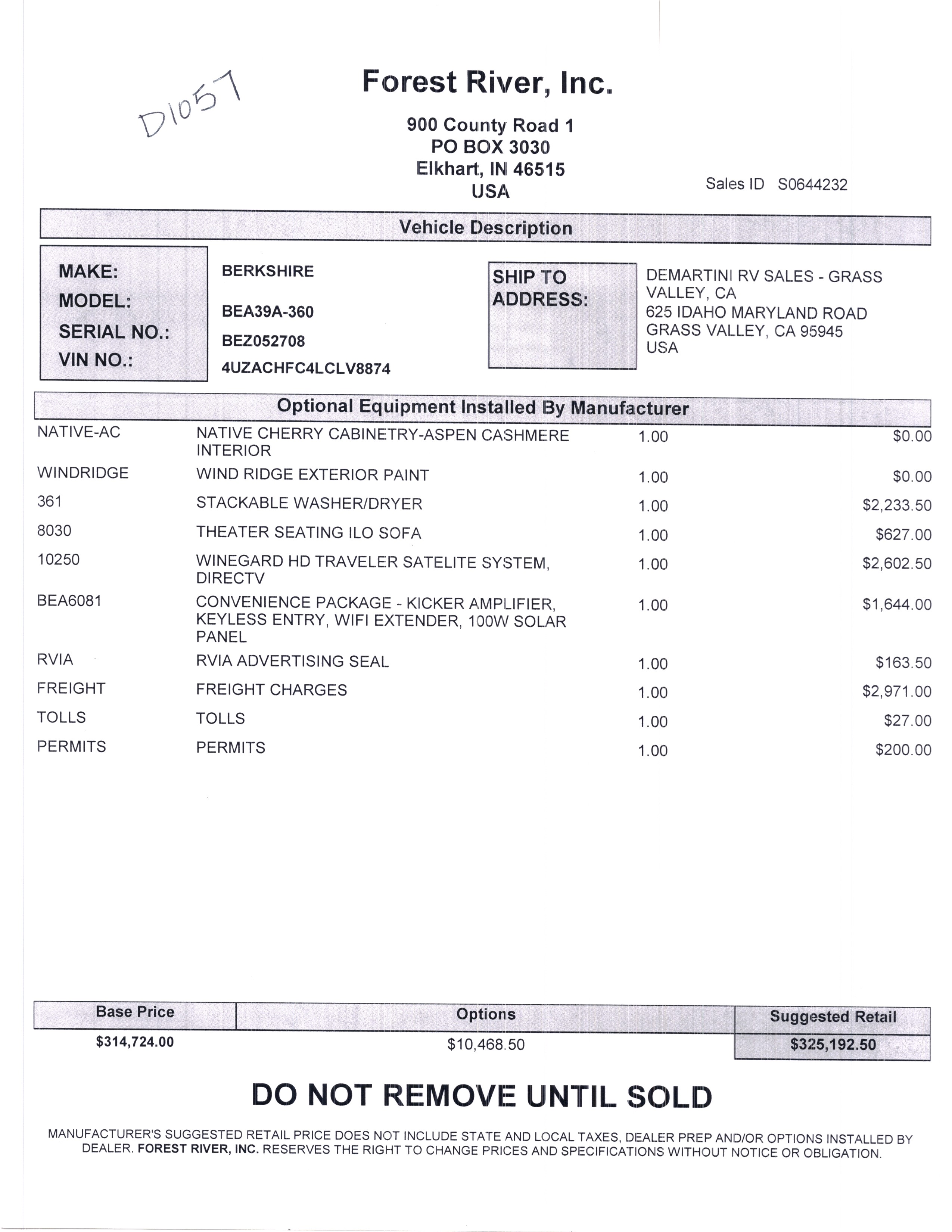 2020 Forest River Berkshire 39A MSRP Sheet