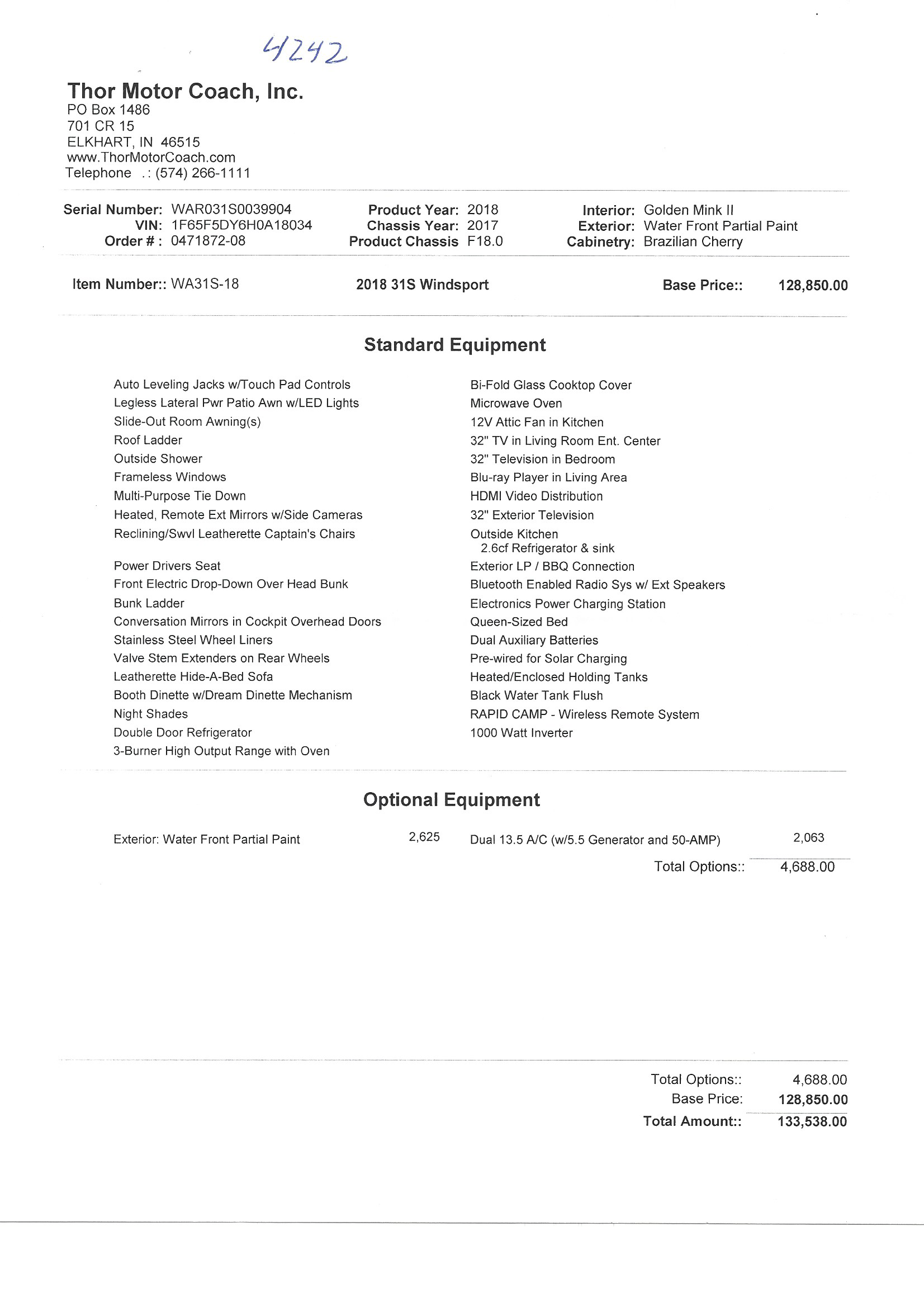 2018 Thor Windsport 31S MSRP Sheet