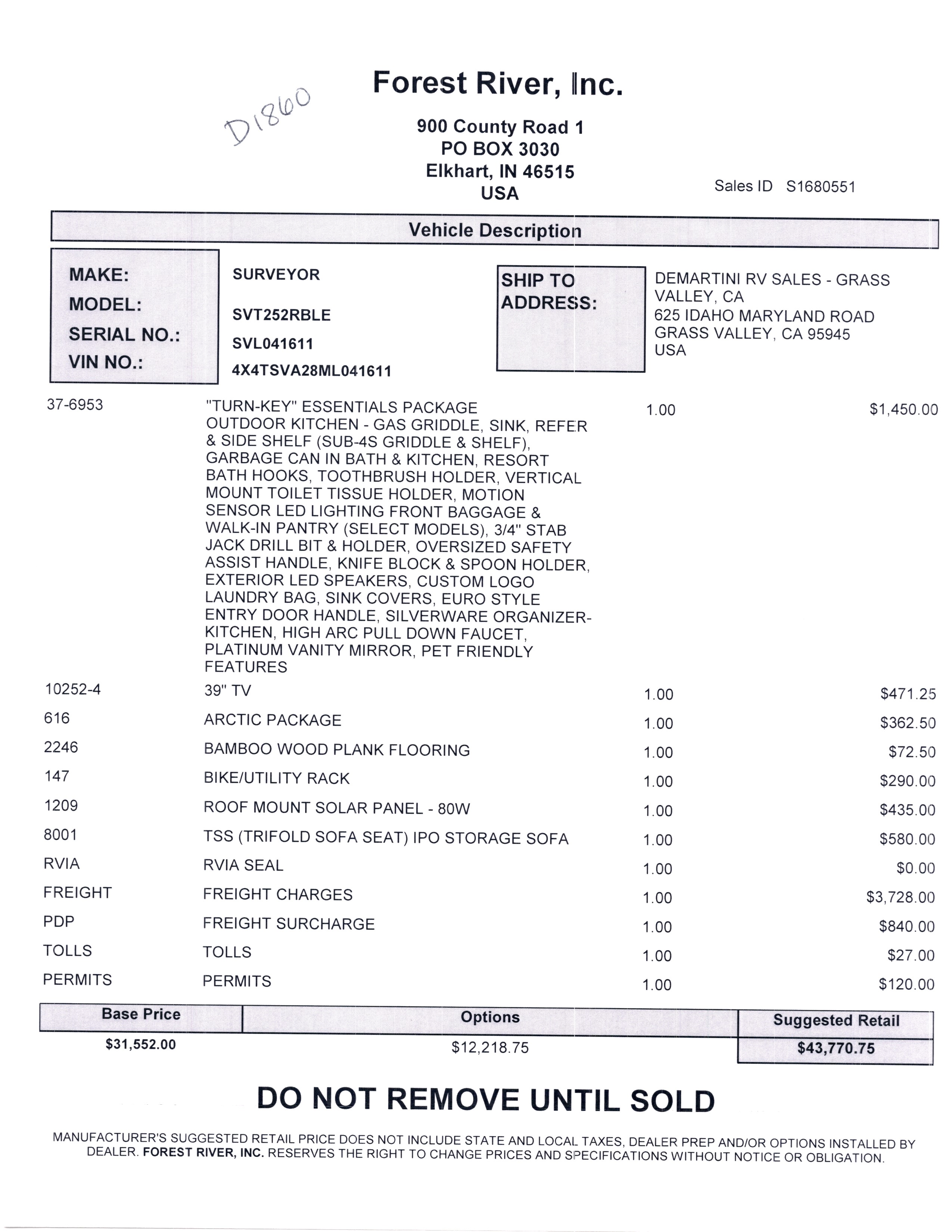 2021 Forest River Surveyor Legend 252RBLE MSRP Sheet