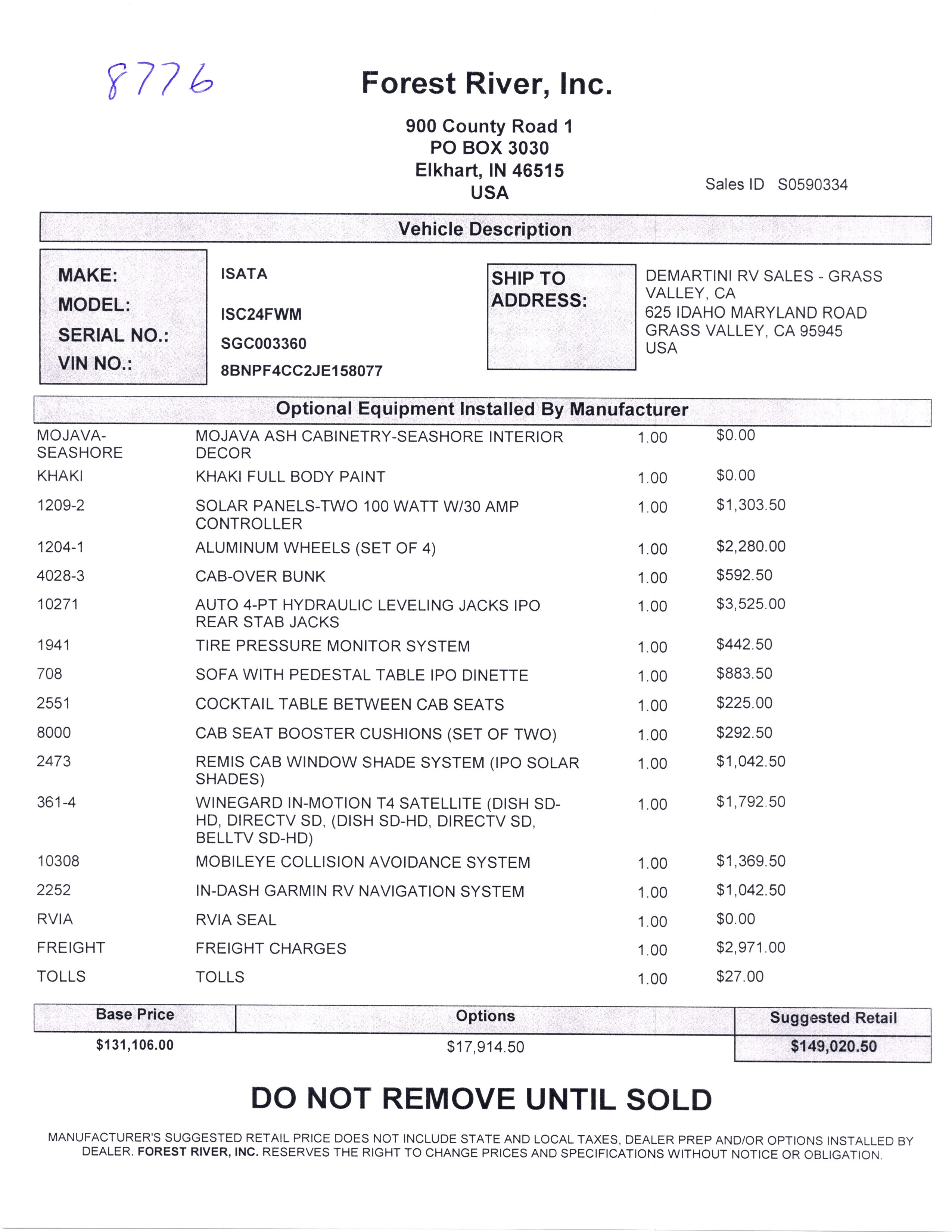 2020 Dynamax Isata 3 24FW MSRP Sheet