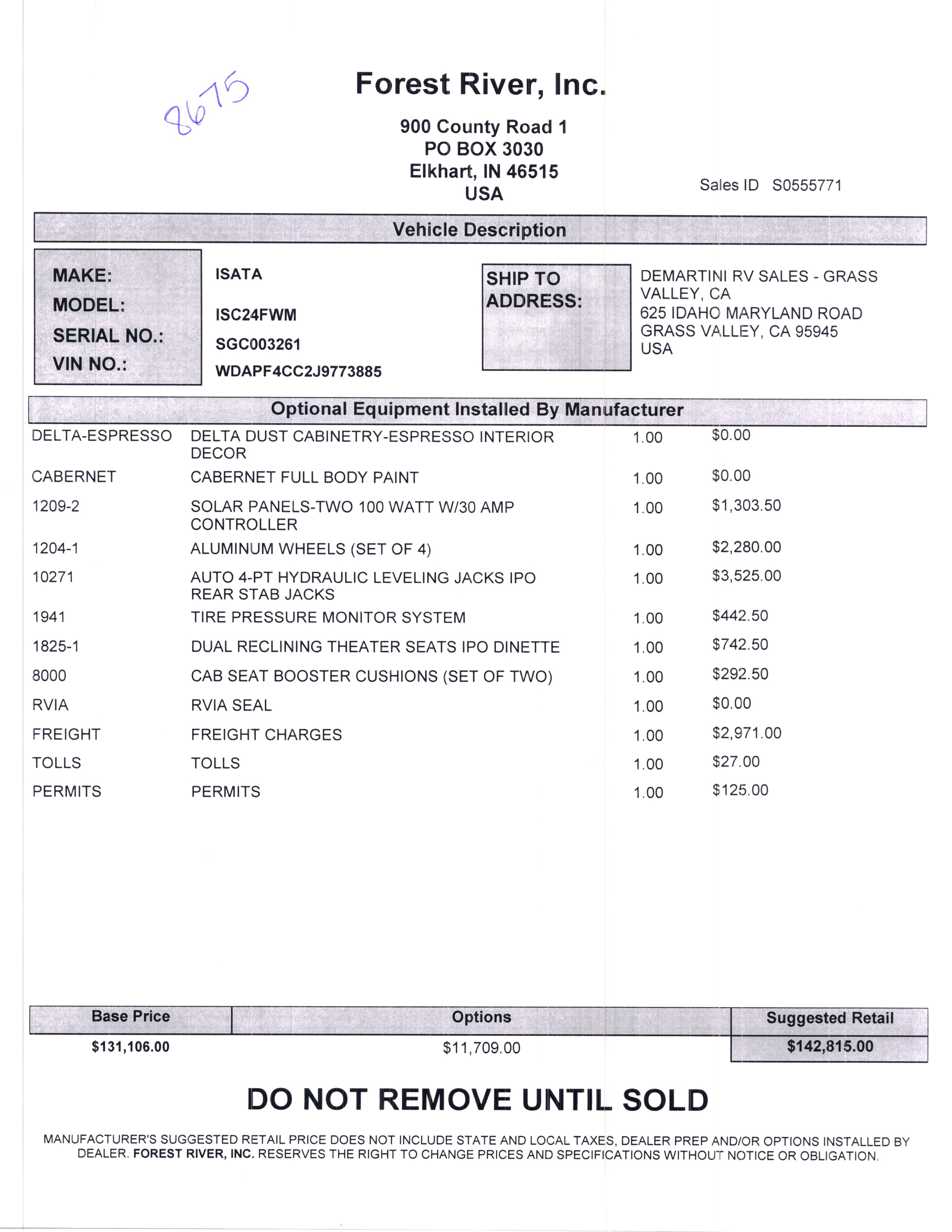 2020 Dynamax Isata 3 24FW MSRP Sheet