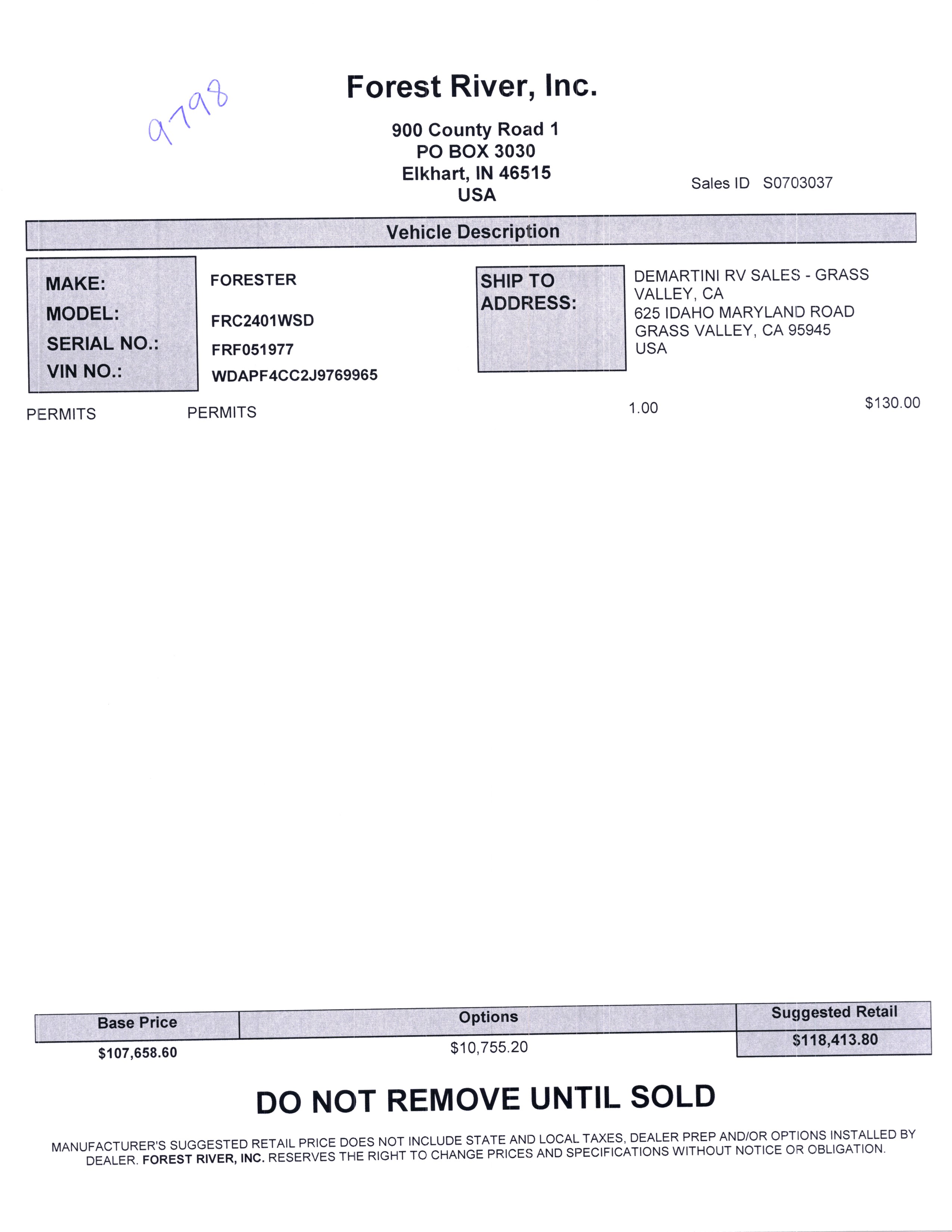 2020 Forest River Forester MBS 2401W MSRP Sheet