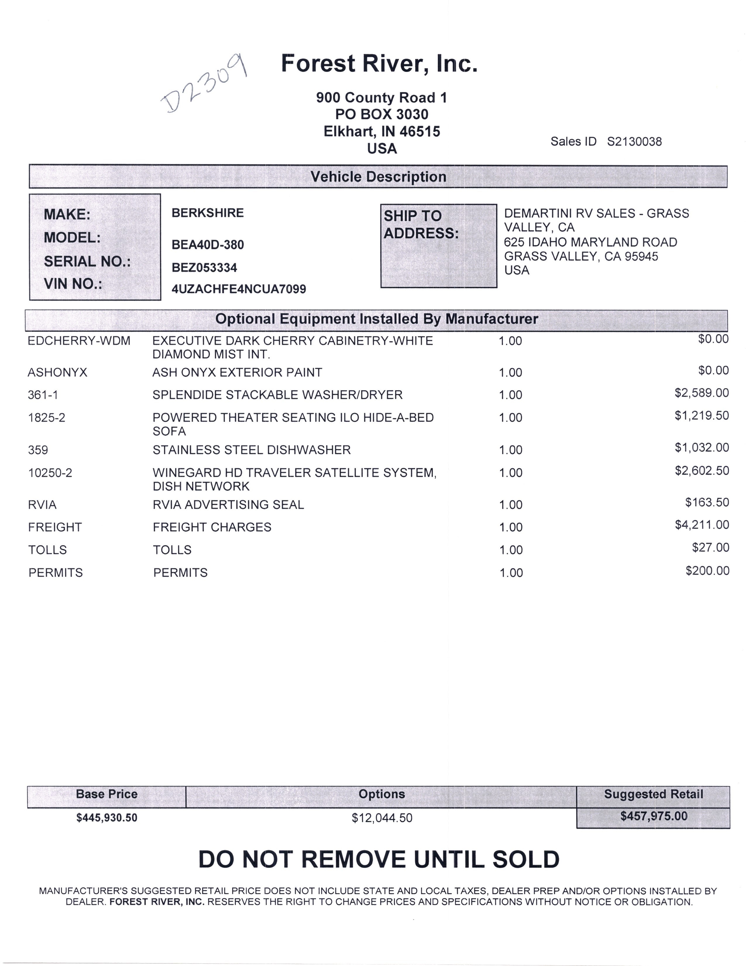 2022 Forest River Berkshire XL 40D MSRP Sheet