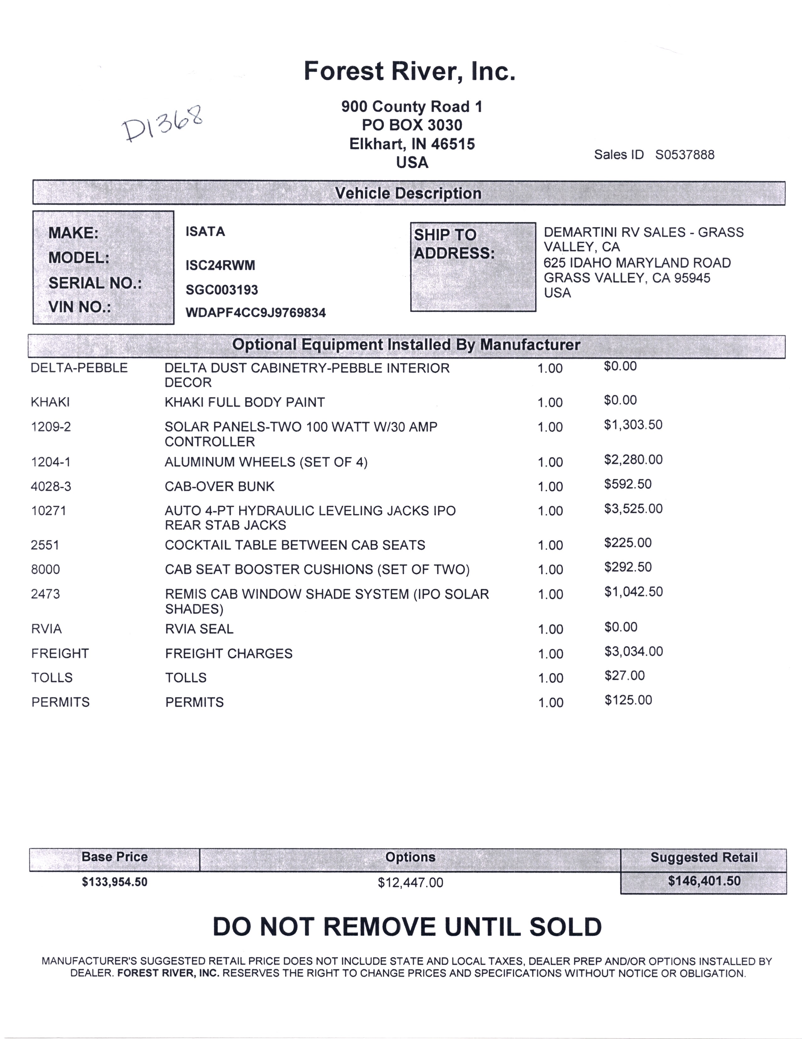 2019 Dynamax Isata 3 24RW MSRP Sheet