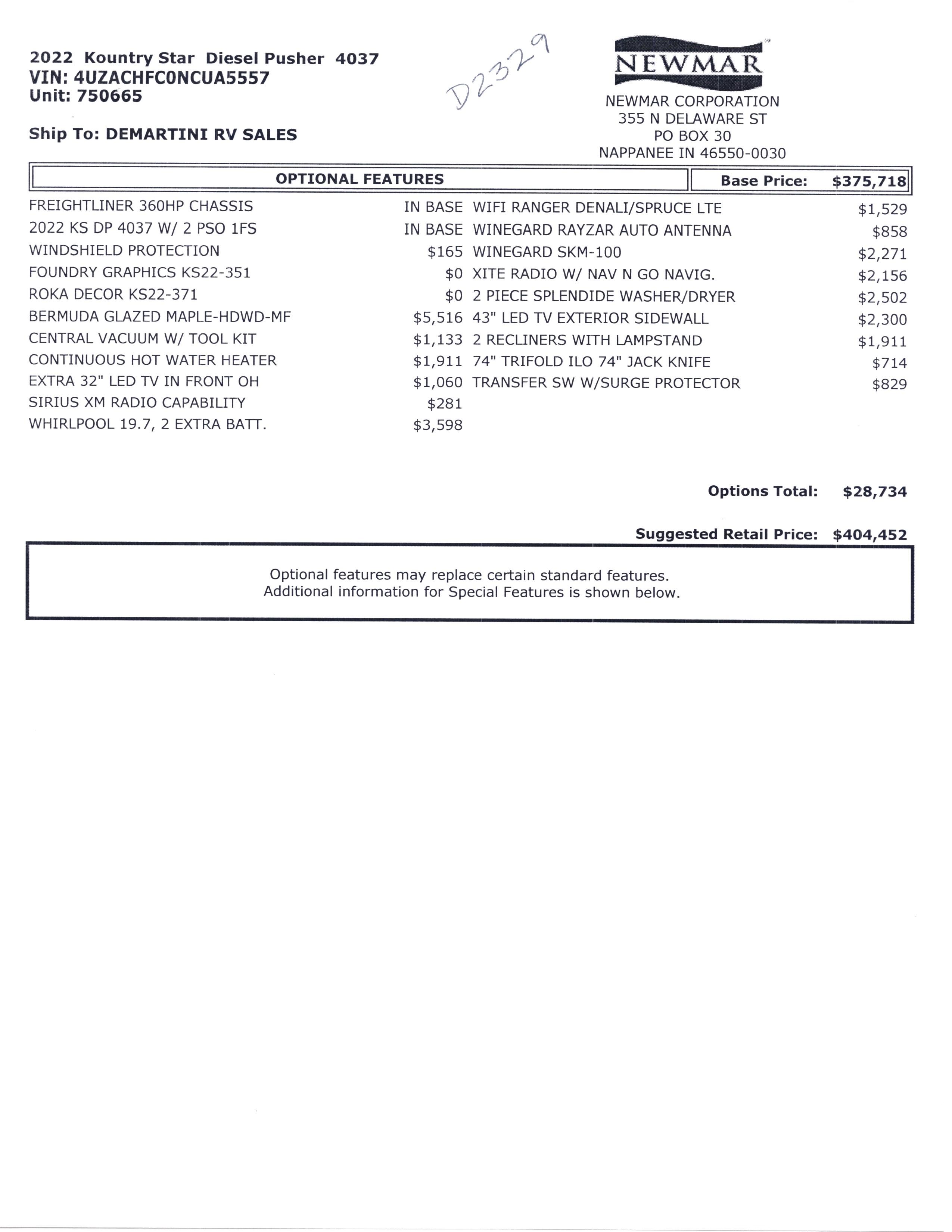 2022 Newmar Kountry Star 4037 MSRP Sheet