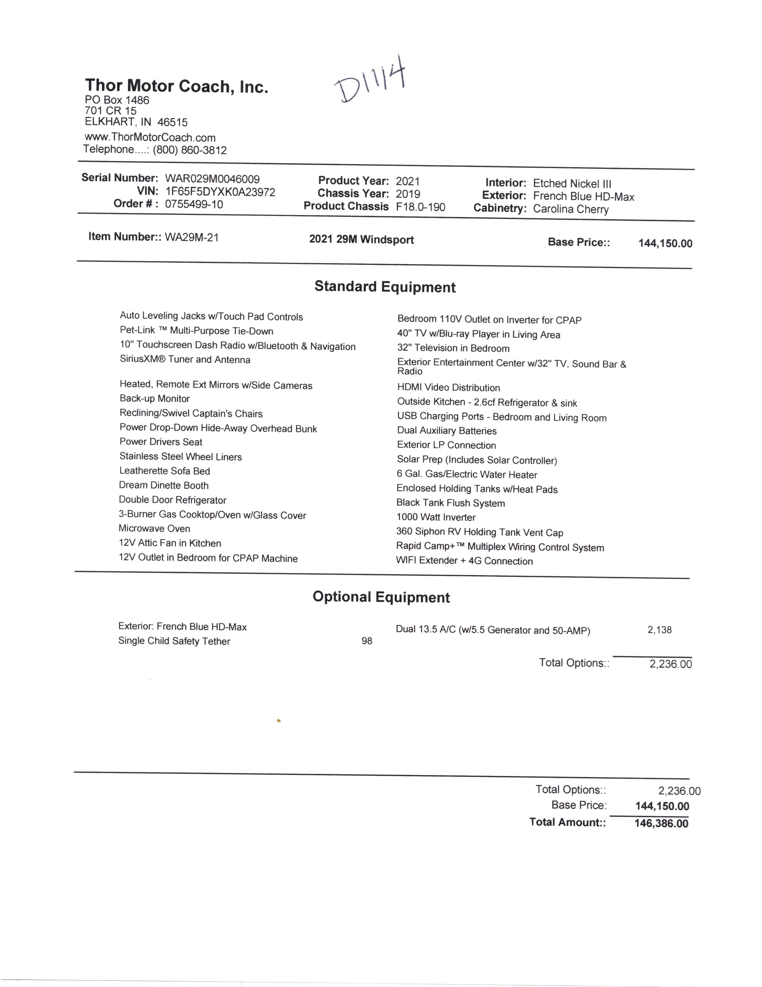 2021 Thor Windsport 29M MSRP Sheet