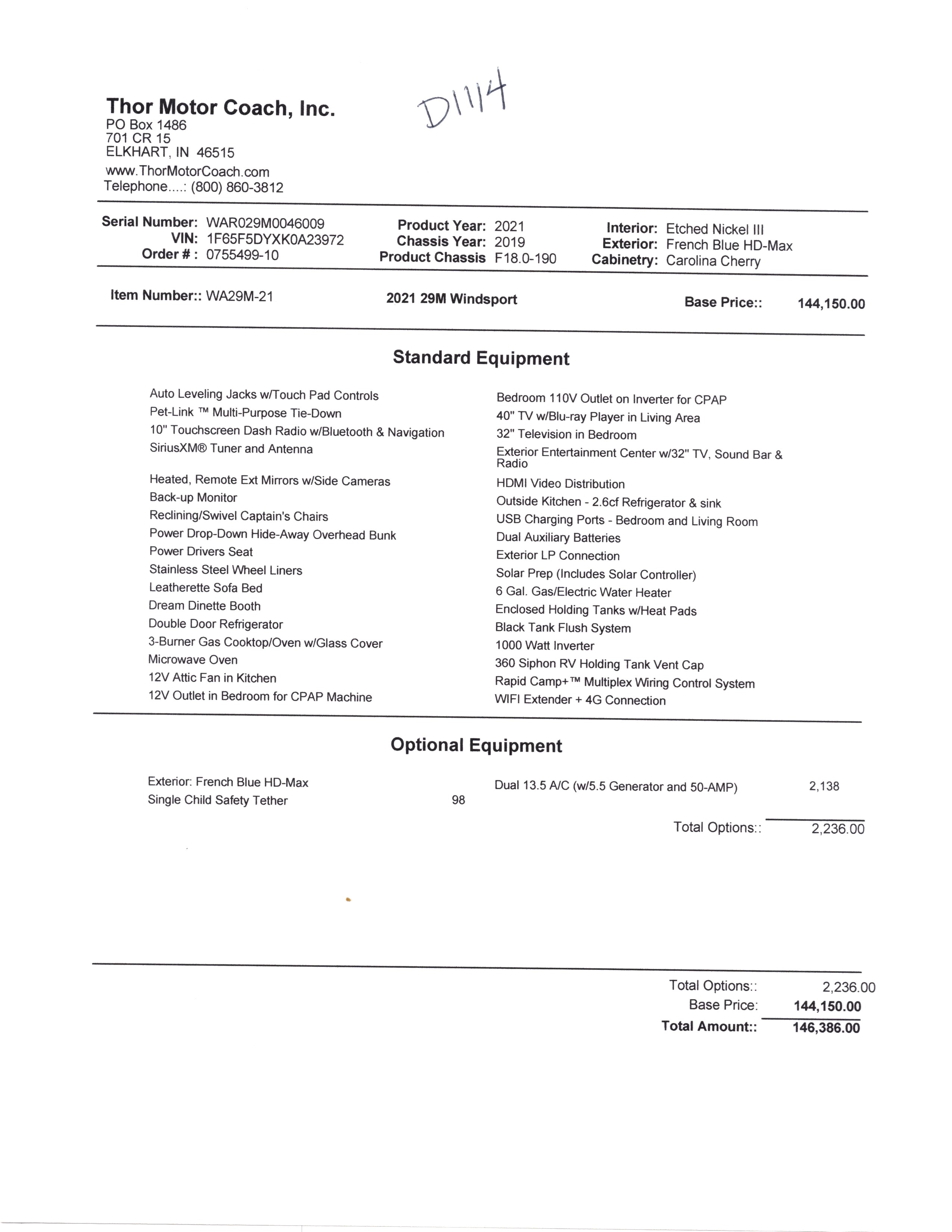 2021 Thor Windsport 29M MSRP Sheet