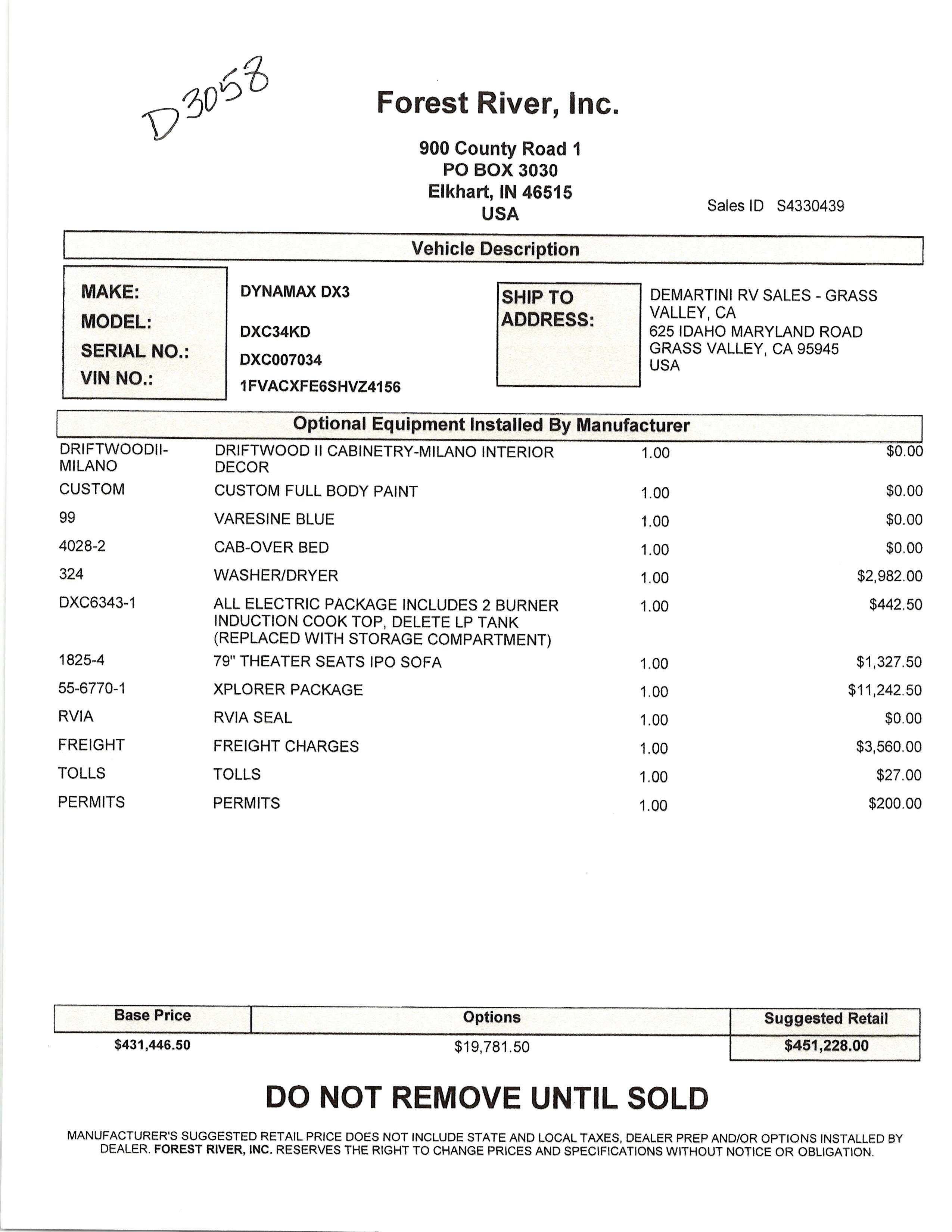 2026 Dynamax DX3 34KD MSRP Sheet