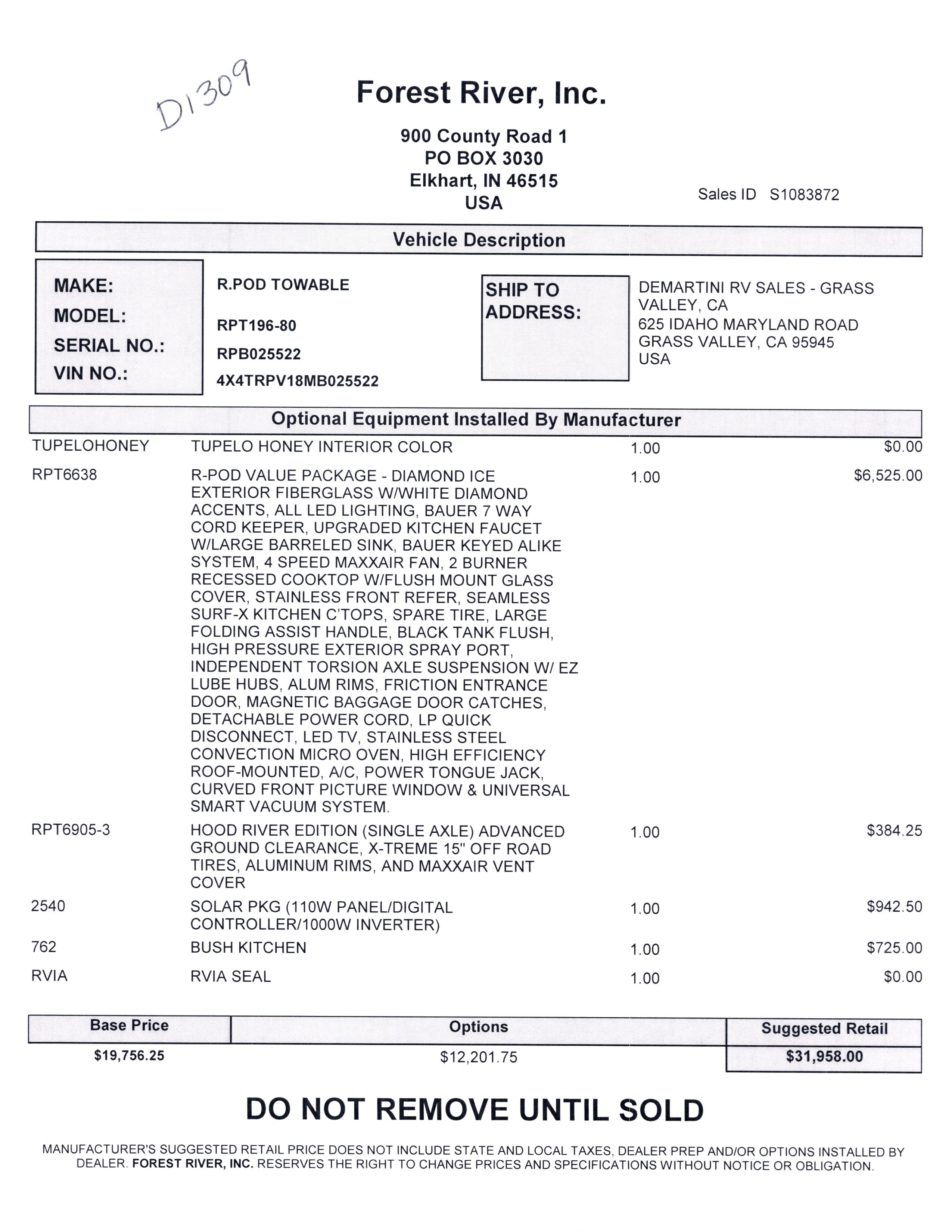 2021 Forest River R-Pod 196 MSRP Sheet