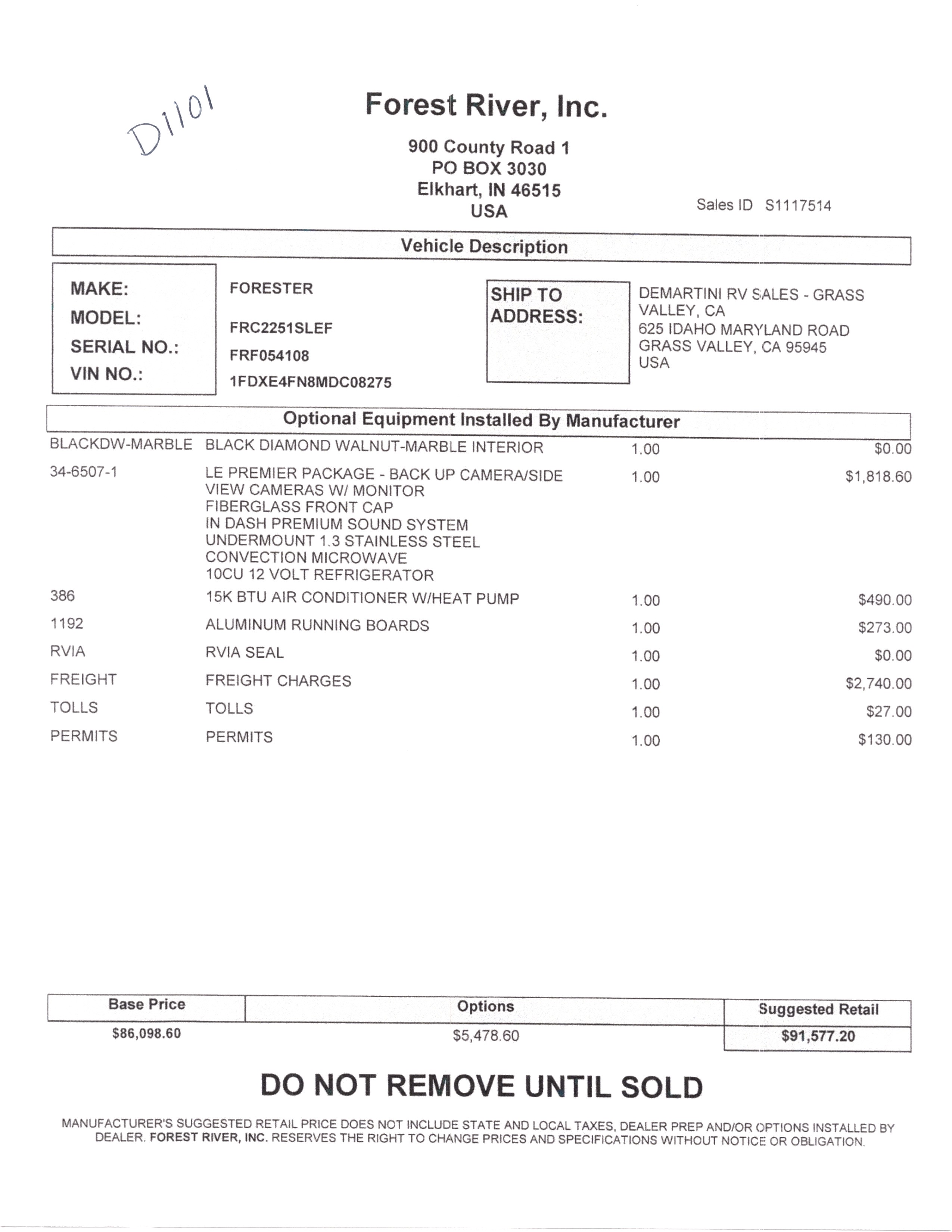 2021 Forest River Forester LE 2251SLE MSRP Sheet