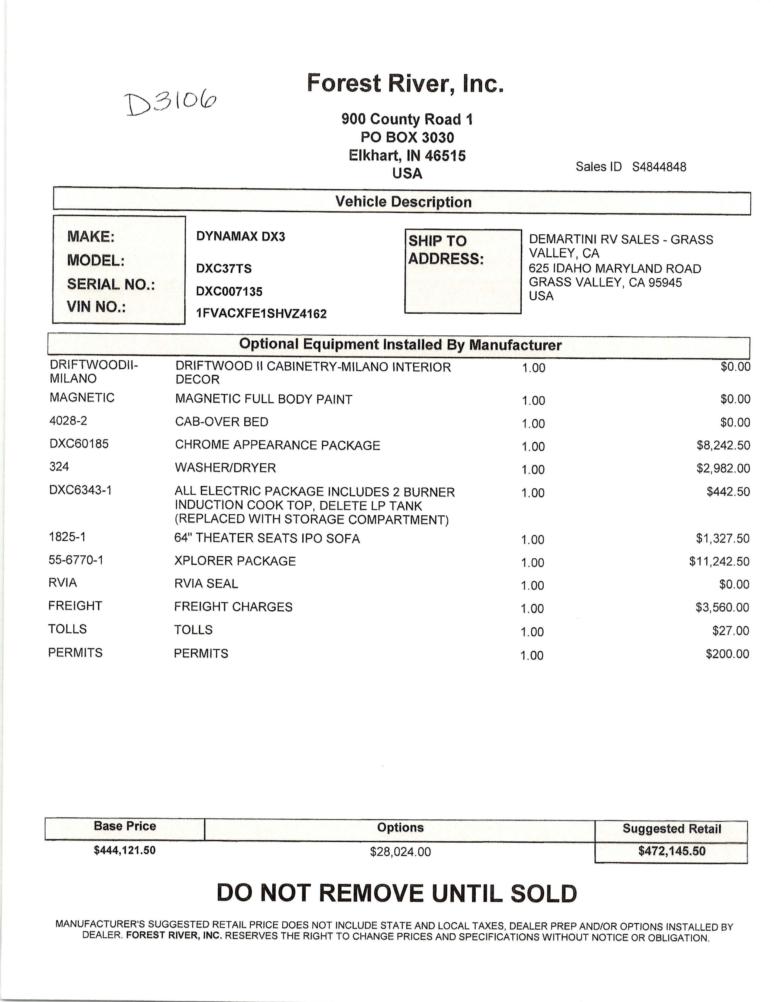 2026 Dynamax DX3 37TS MSRP Sheet
