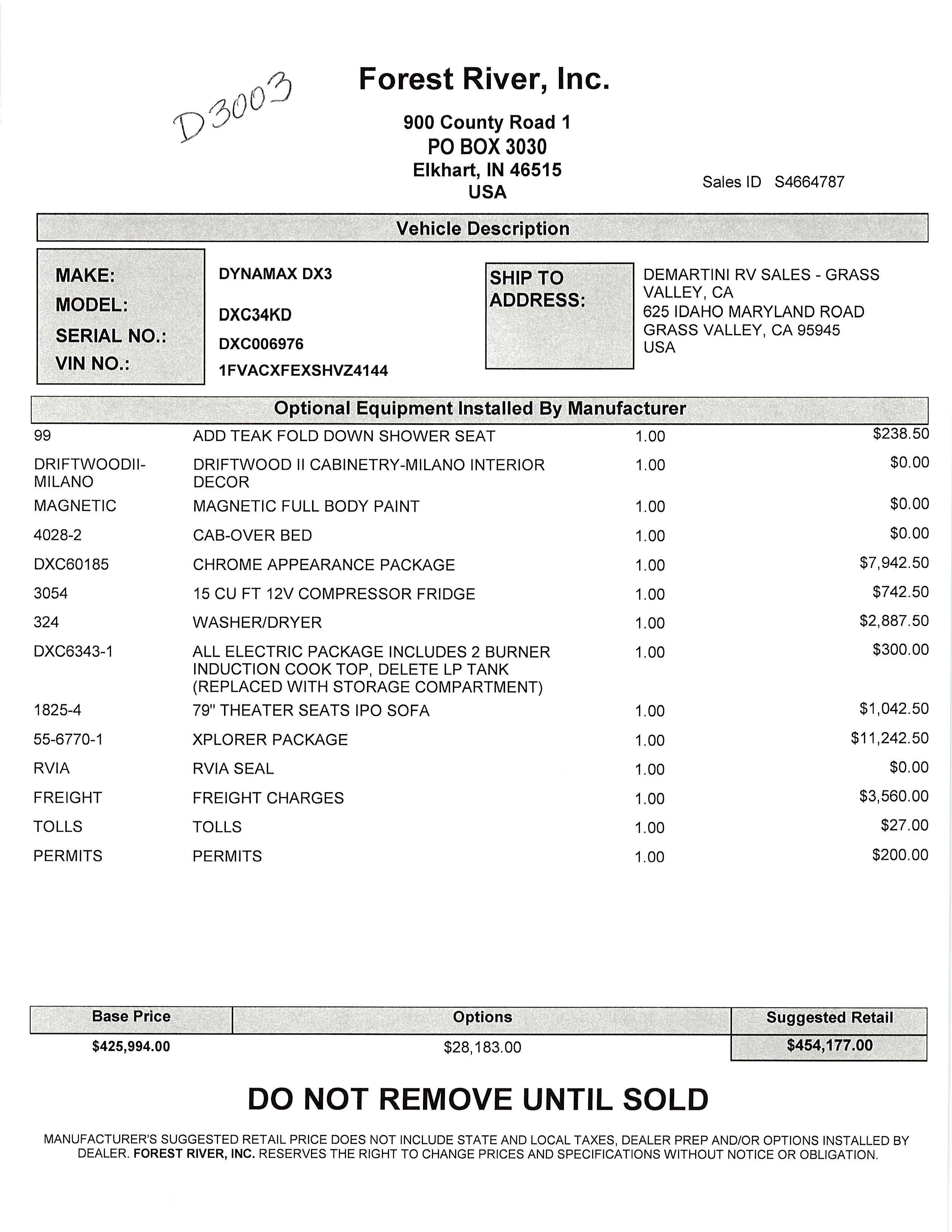 2025 Dynamax DX3 34KD with Xplorer Package MSRP Sheet