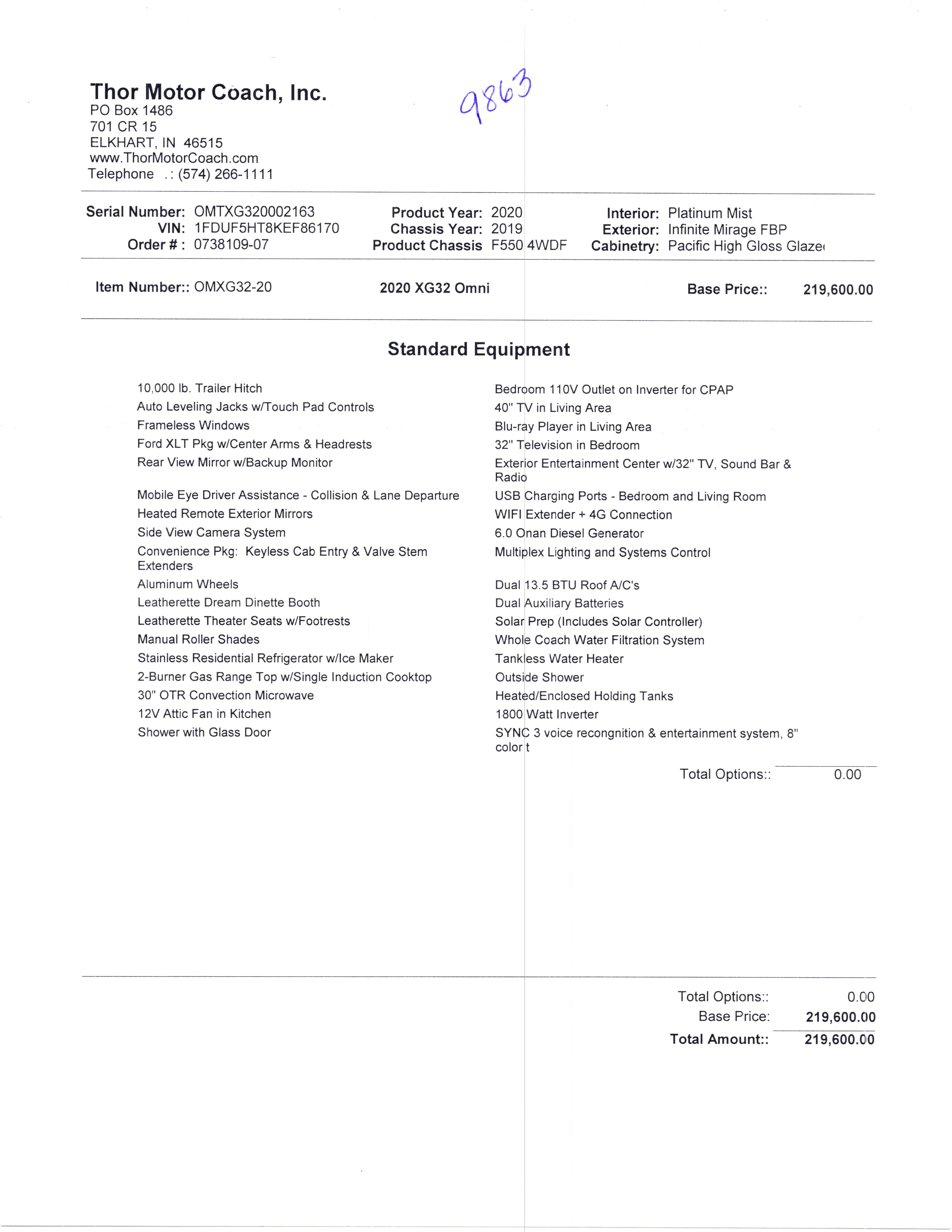 2020 Thor Omni XG32 4x4 MSRP Sheet