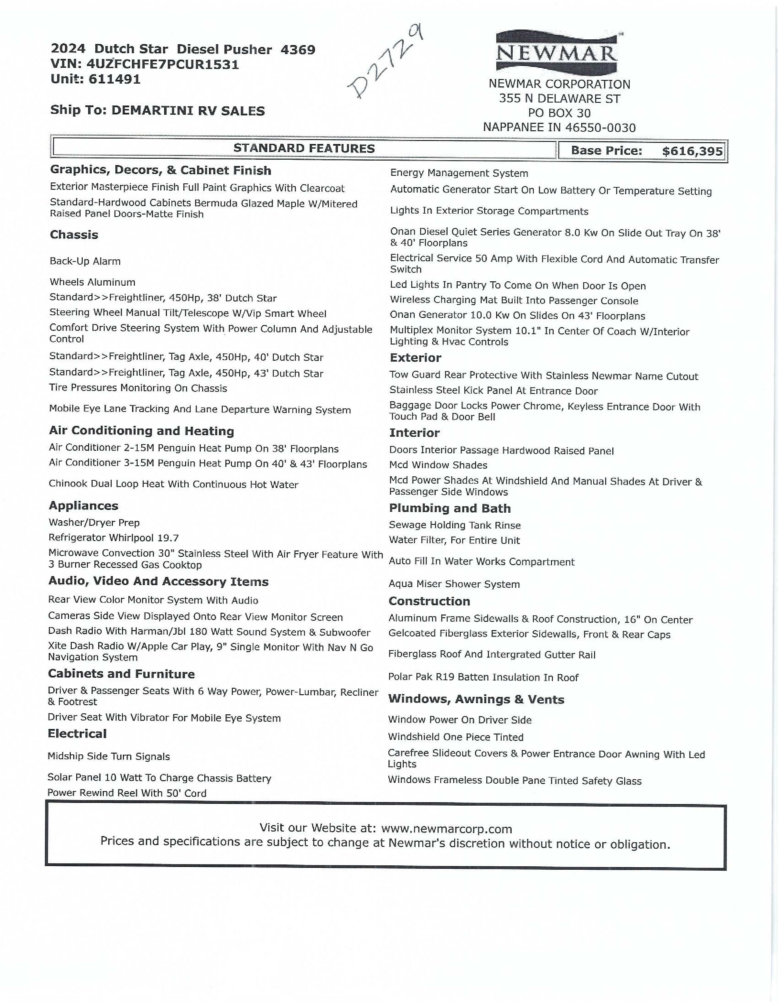 2024 Newmar Dutch Star 4369 MSRP Sheet