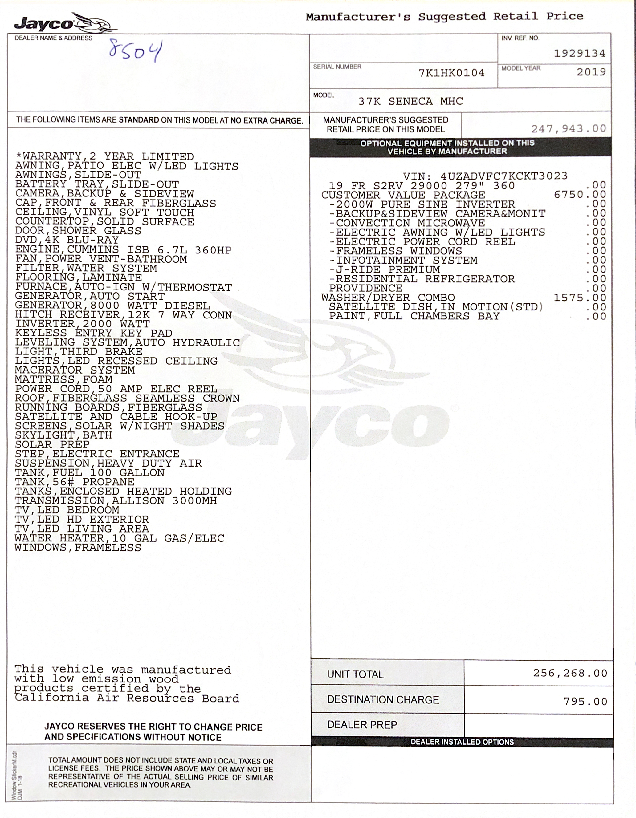 2019 Jayco Seneca 37K MSRP Sheet