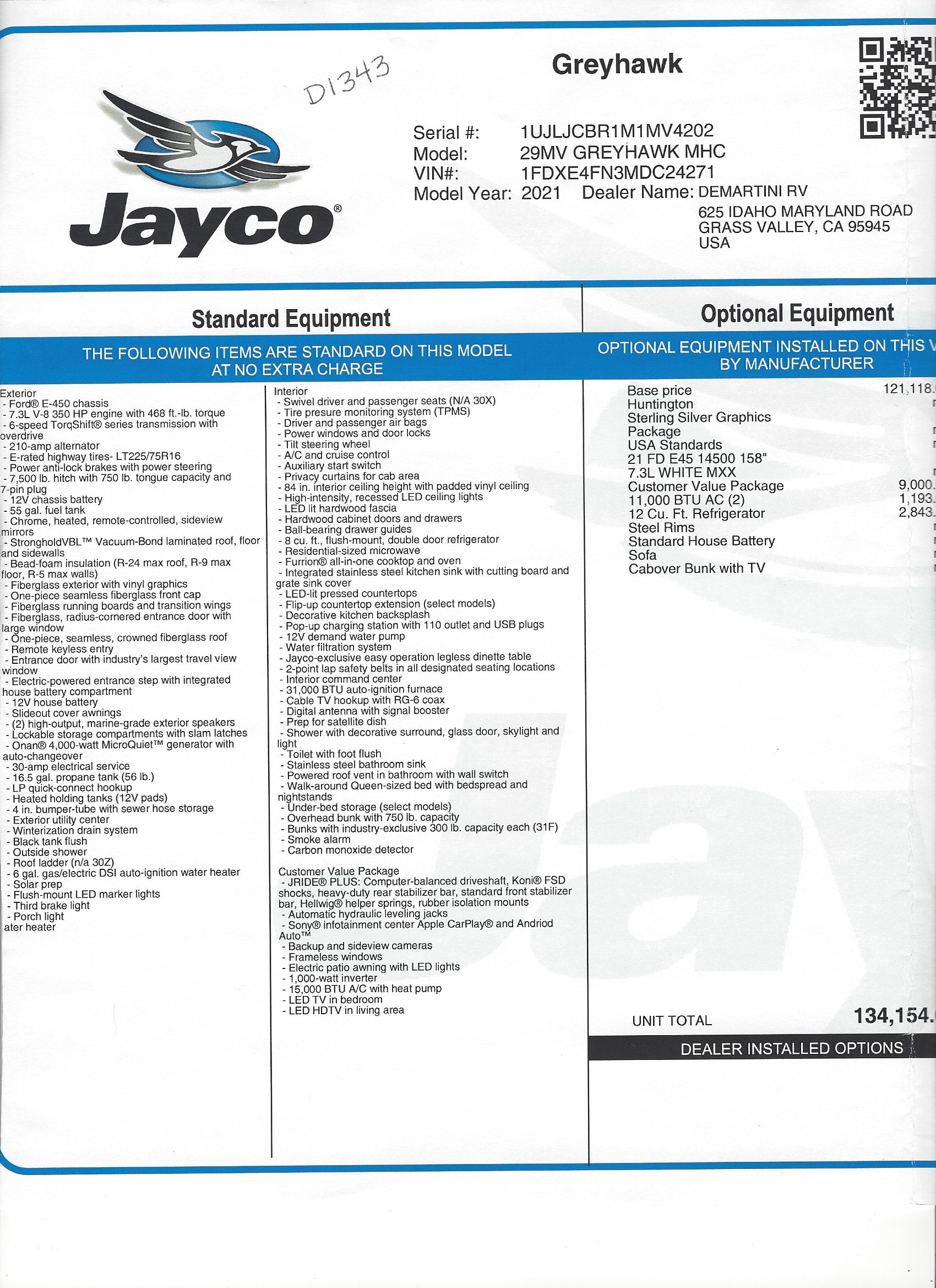 2021 Jayco Greyhawk 29MV MSRP Sheet