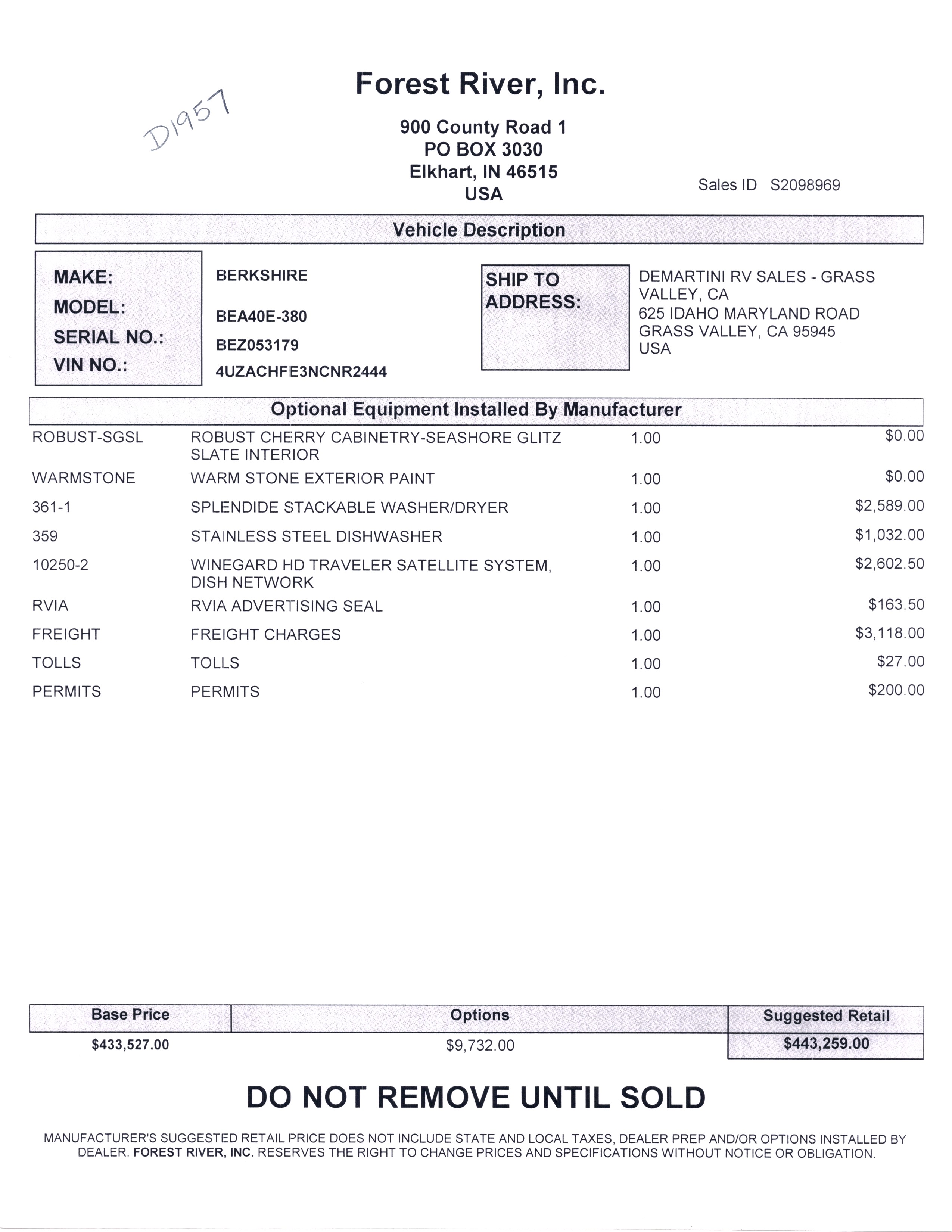2022 Forest River Berkshire XL 40E MSRP Sheet