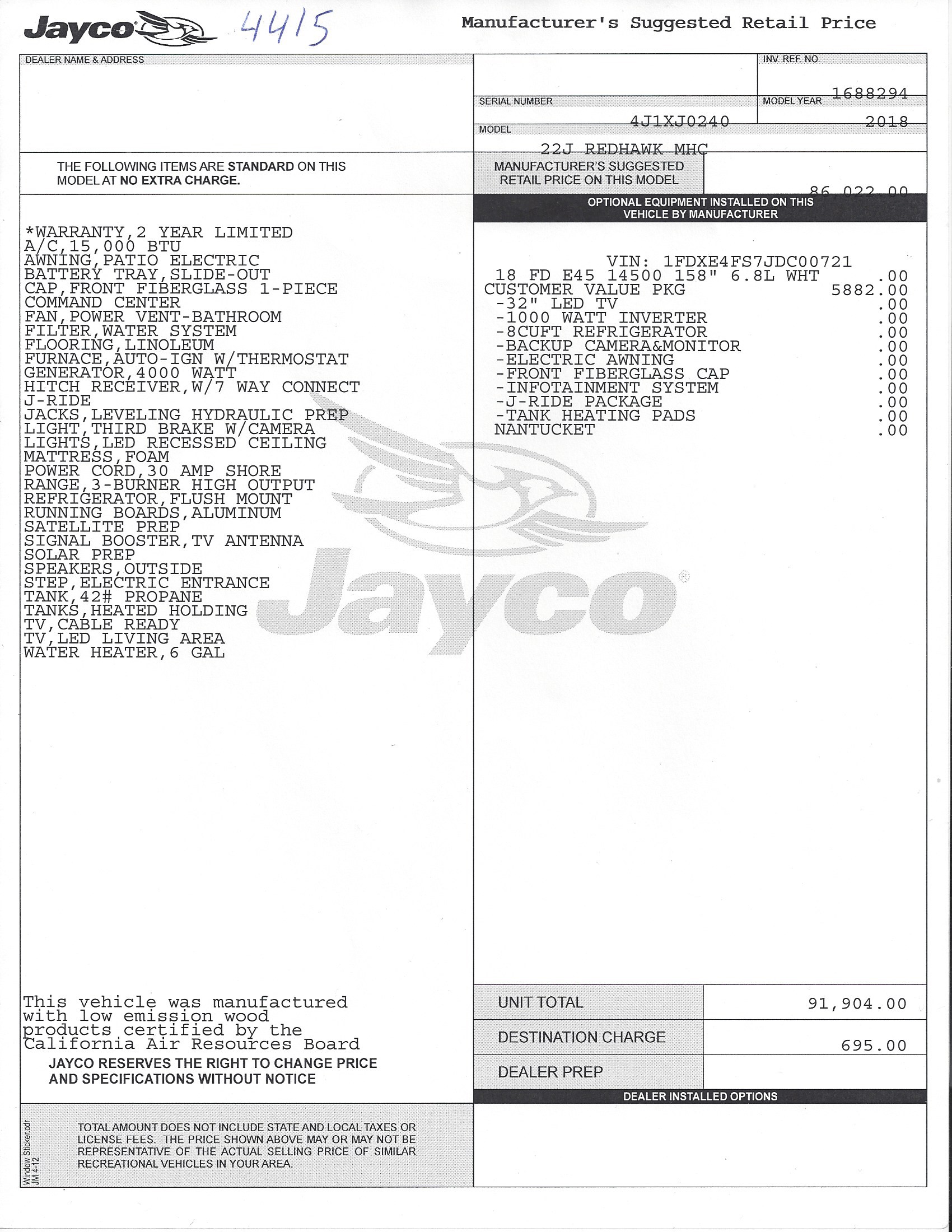 2018 Jayco Redhawk 22J MSRP Sheet