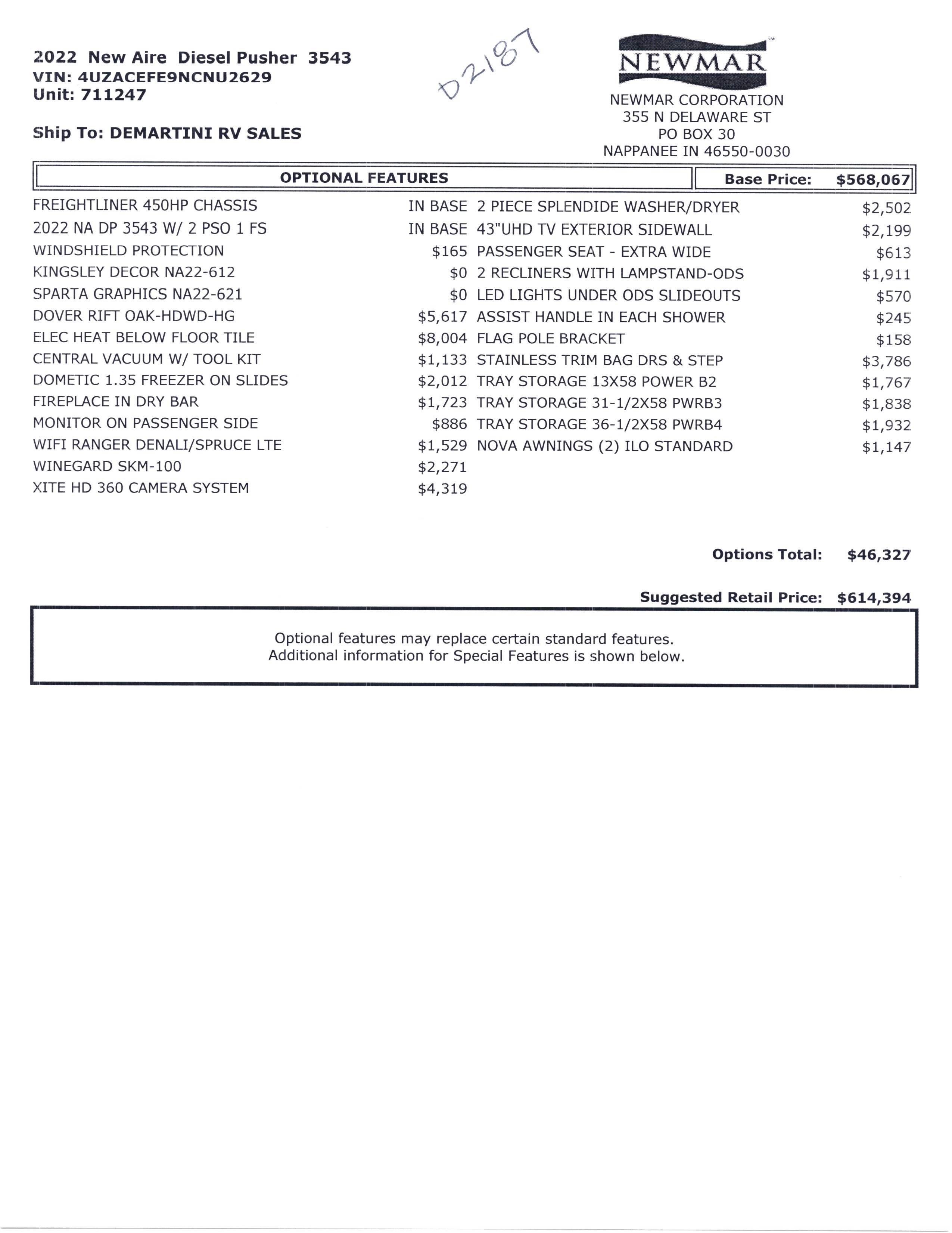 2022 Newmar New Aire 3543 MSRP Sheet