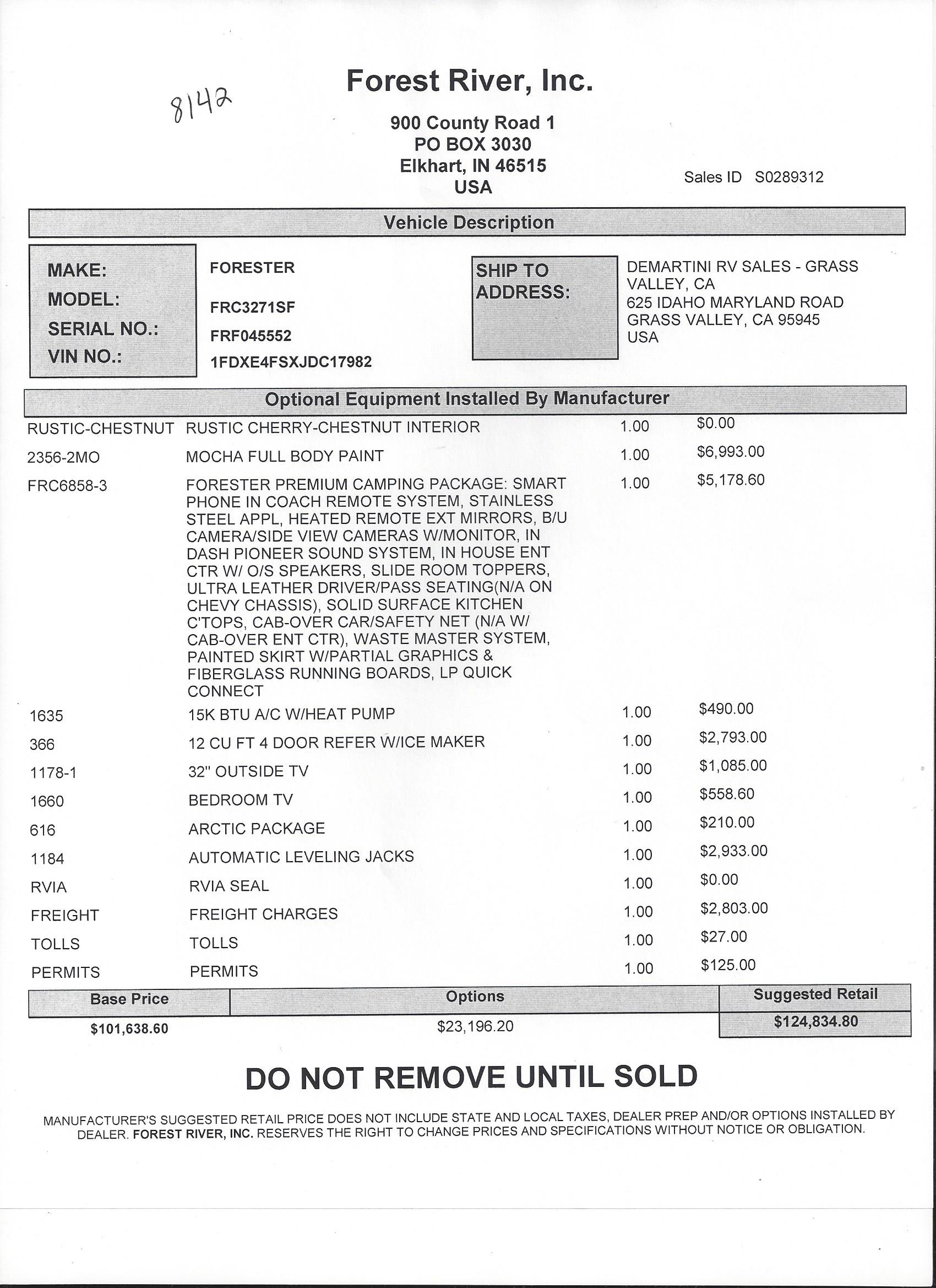 2018 Forest River Forester 3271S MSRP Sheet