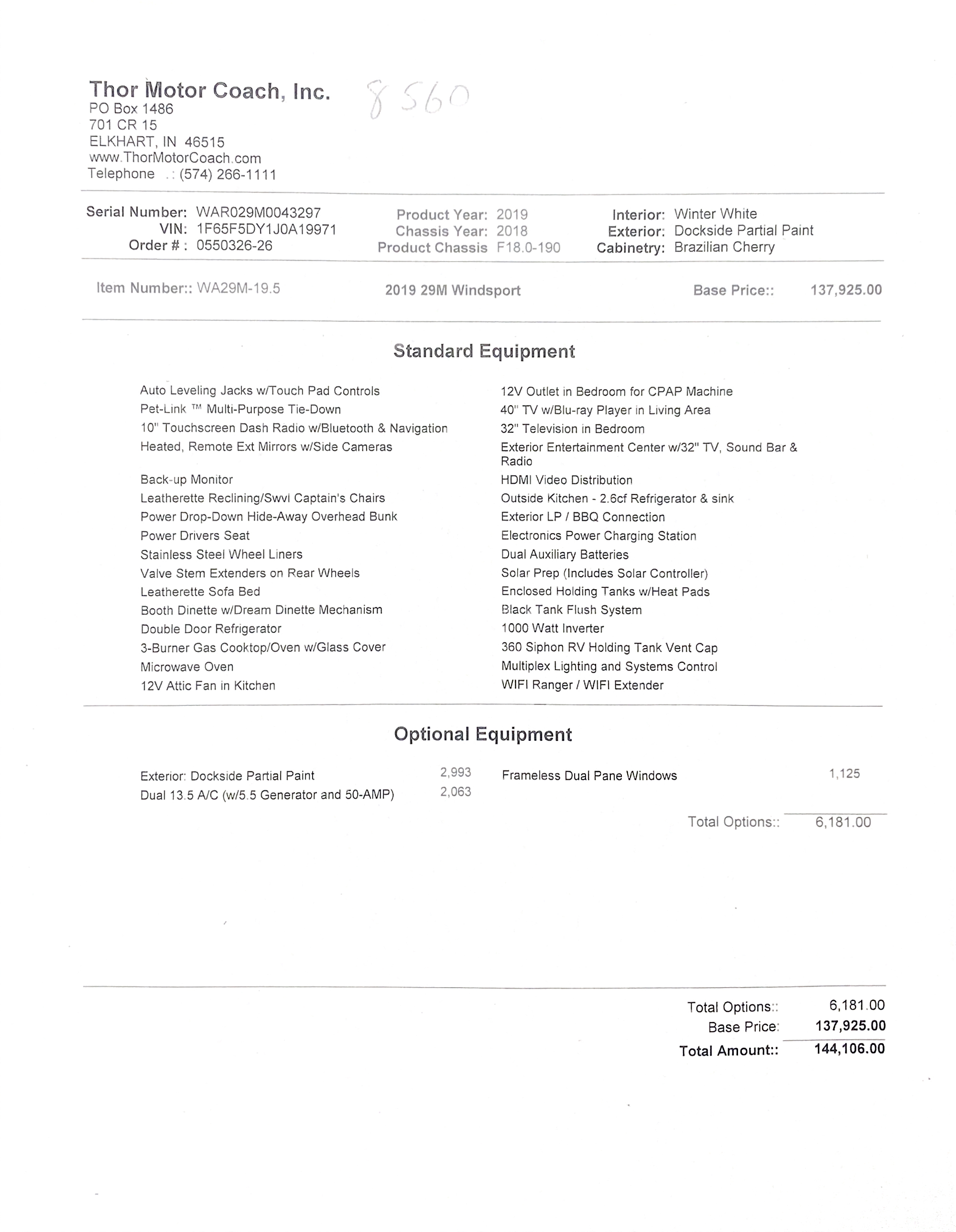 2019 Thor Windsport 29M MSRP Sheet