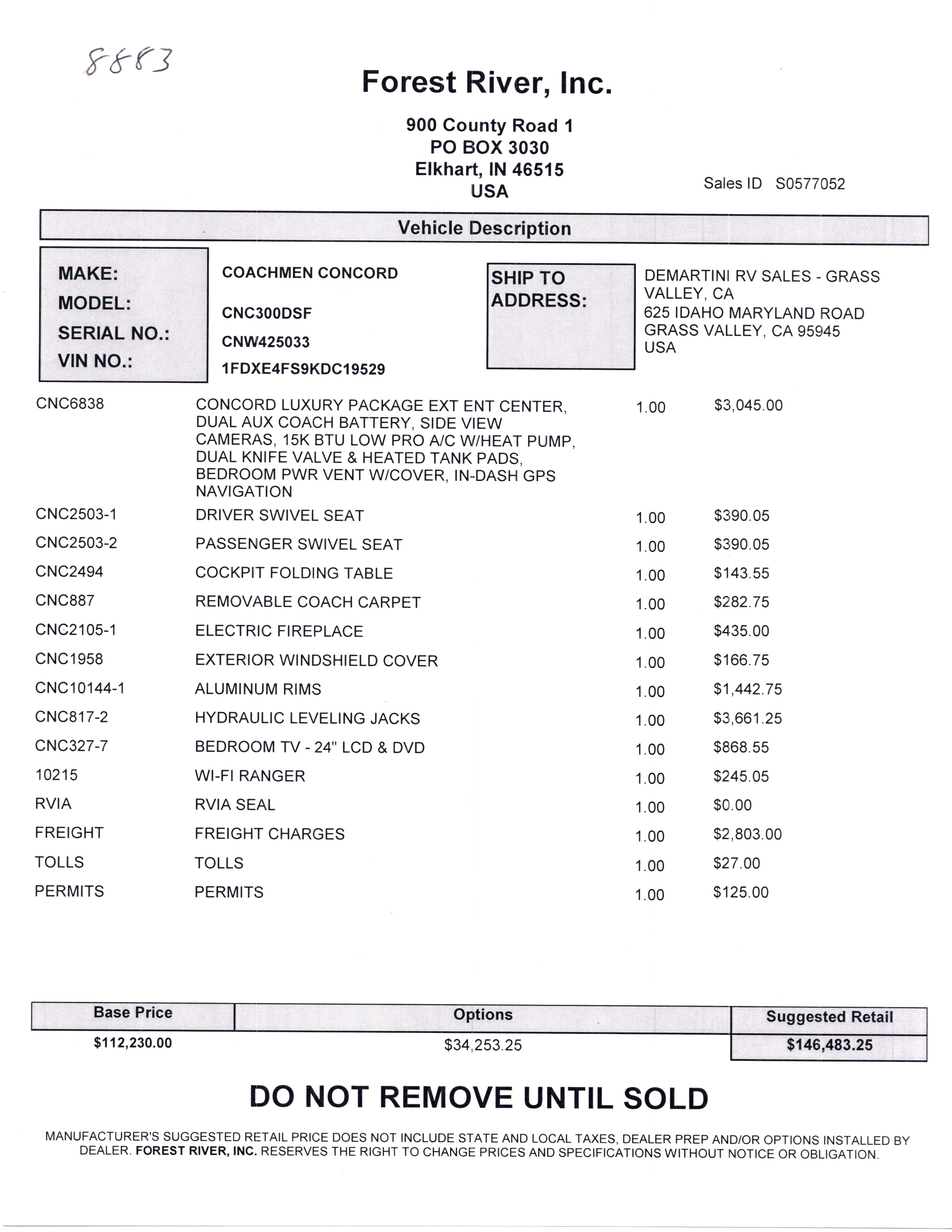 2019 Coachmen Concord 300DS MSRP Sheet