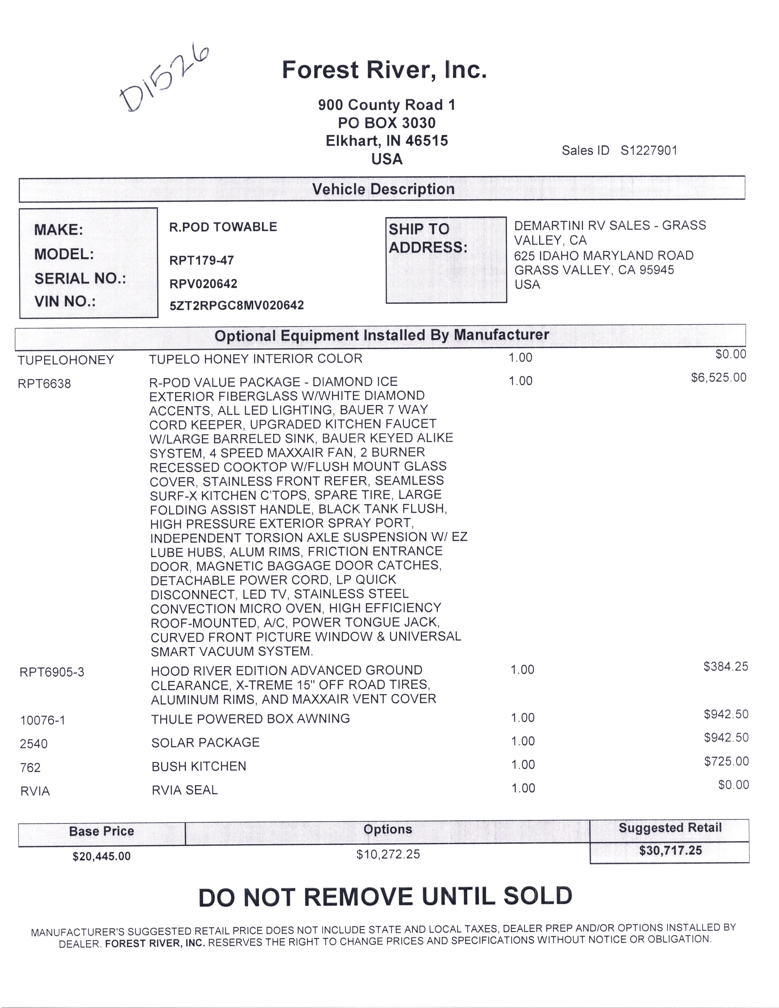 2021 Forest River R-Pod 179 MSRP Sheet