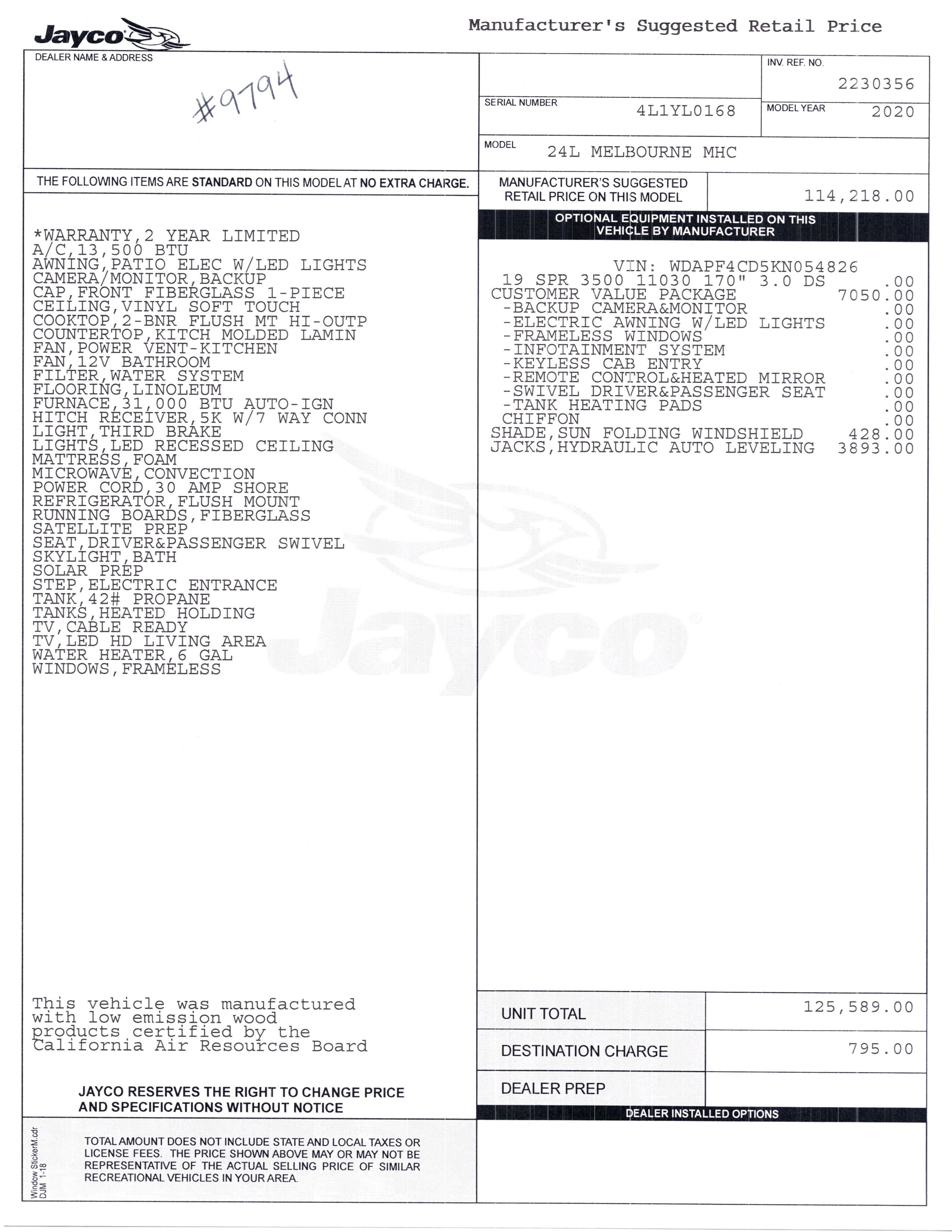 2020 Jayco Melbourne 24L MSRP Sheet