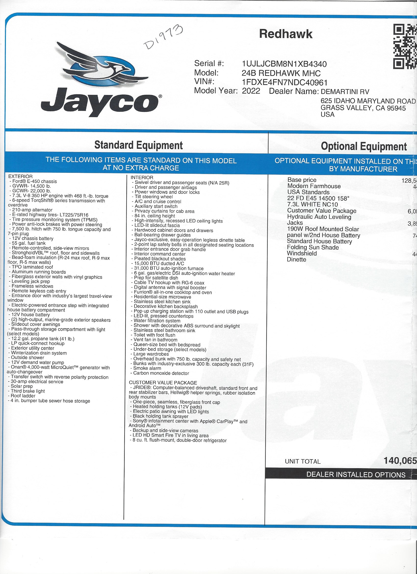 2022 Jayco Redhawk 24B MSRP Sheet