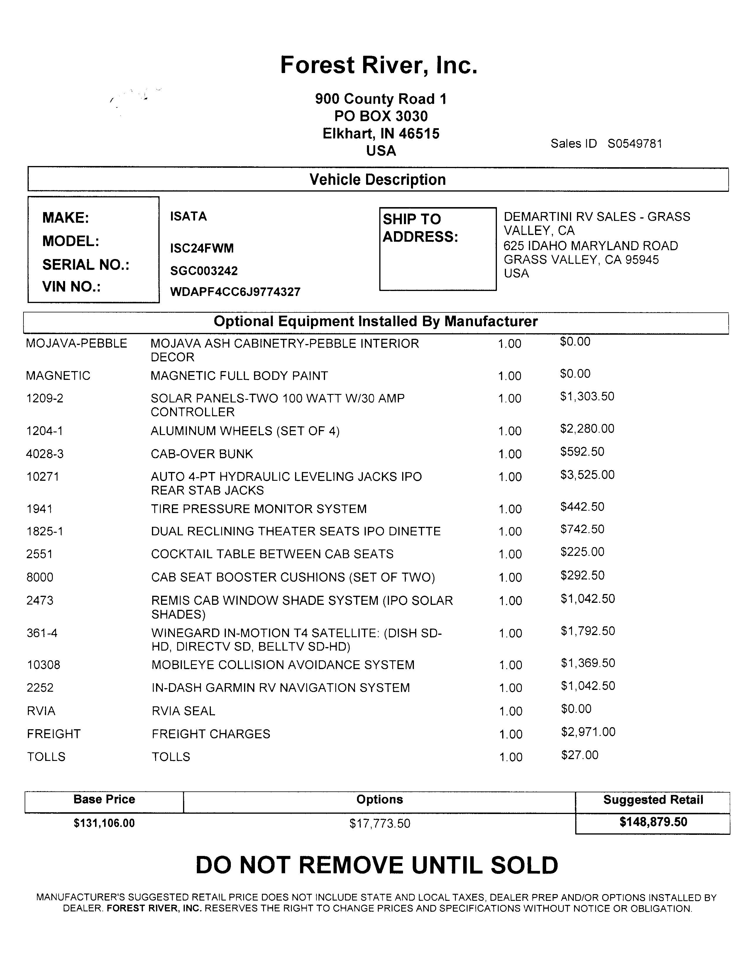 2020 Dynamax Isata 3 24FW MSRP Sheet