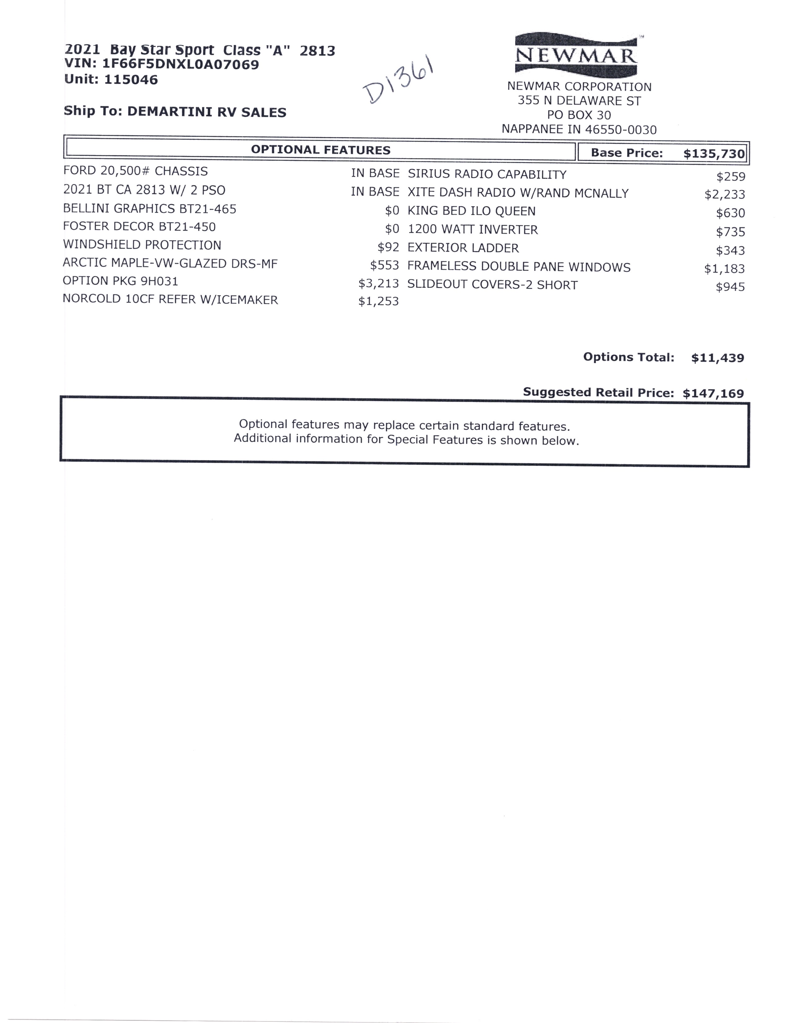 2021 Newmar Bay Star Sport 2813 MSRP Sheet