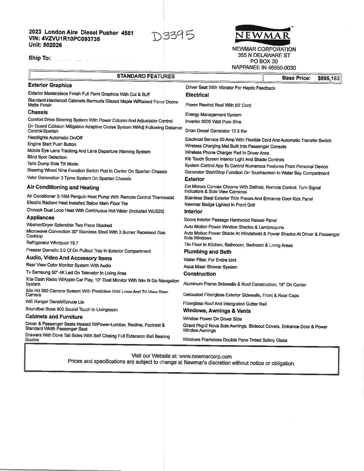 2023 Newmar London Aire 4551 MSRP Sheet