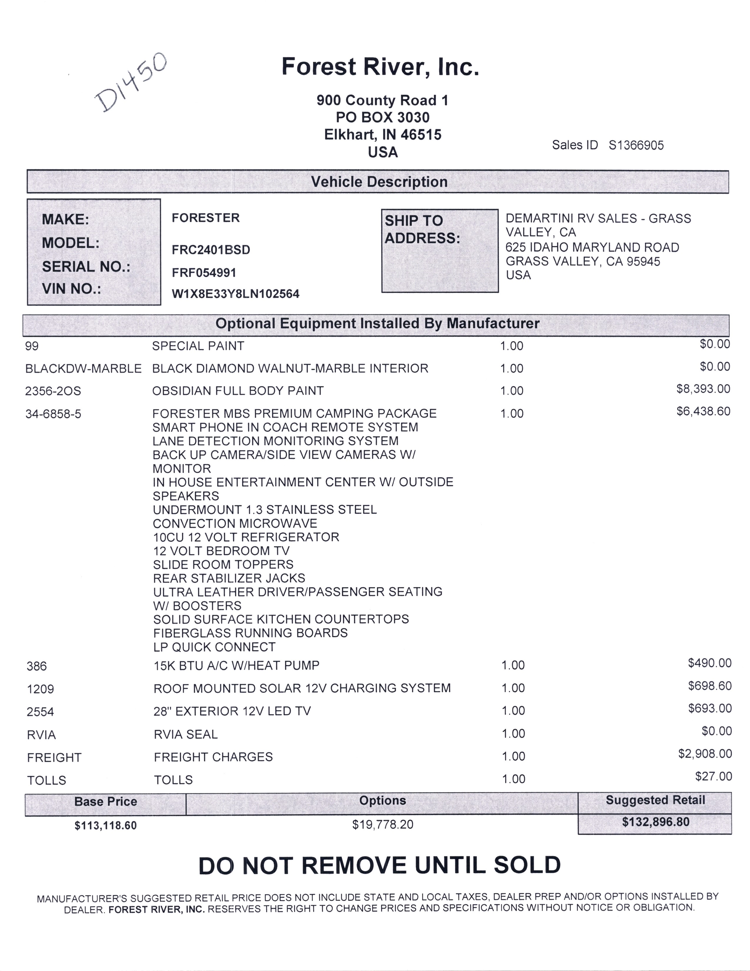 2021 Forest River Forester MBS 2401B MSRP Sheet