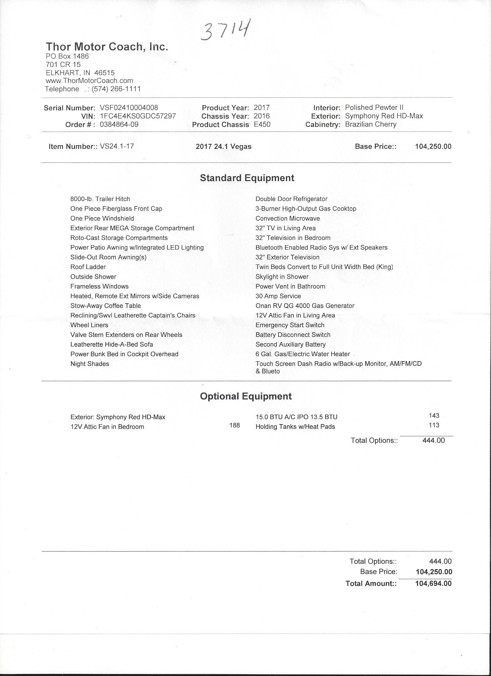 2017 Thor Vegas 24.1 MSRP Sheet