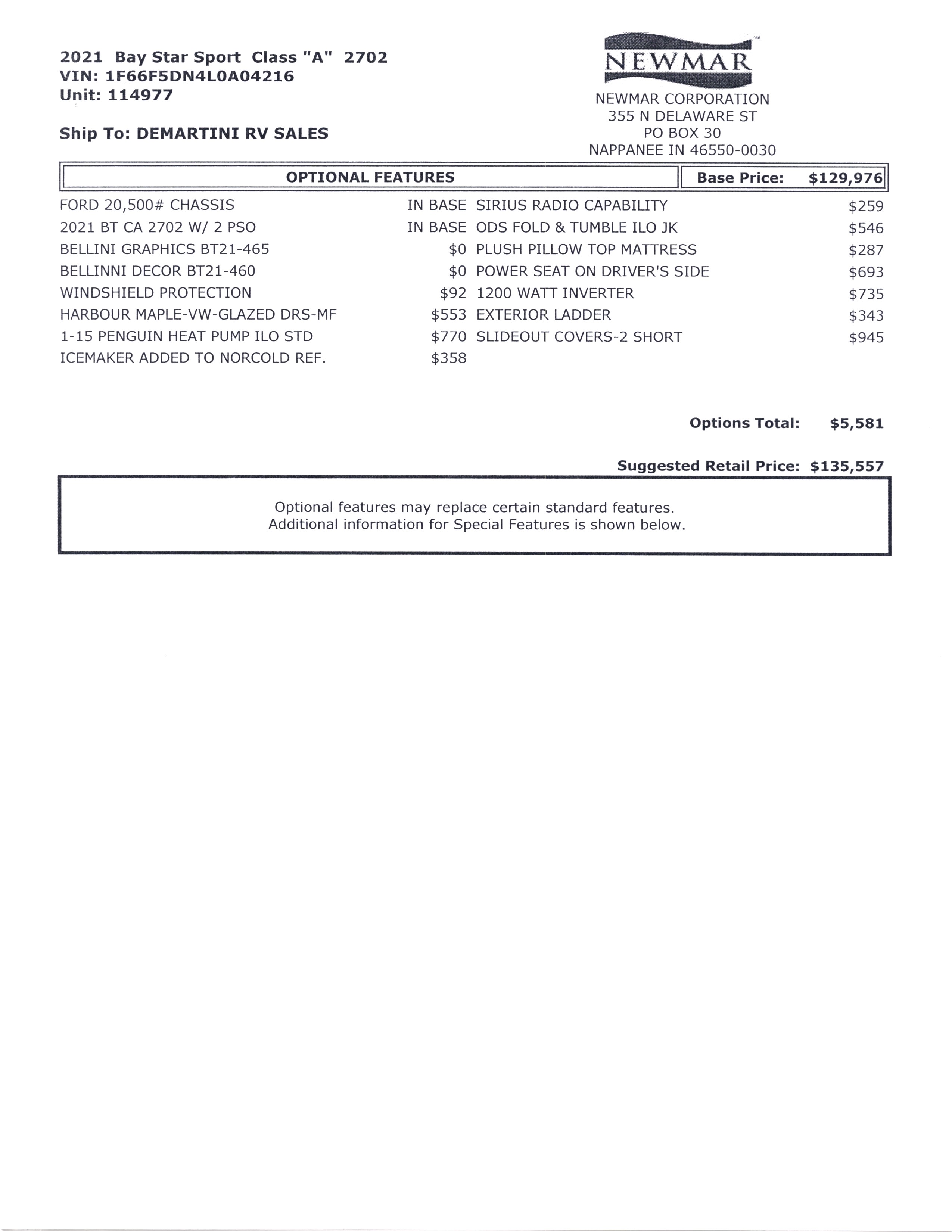 2021 Newmar Bay Star Sport 2702 MSRP Sheet