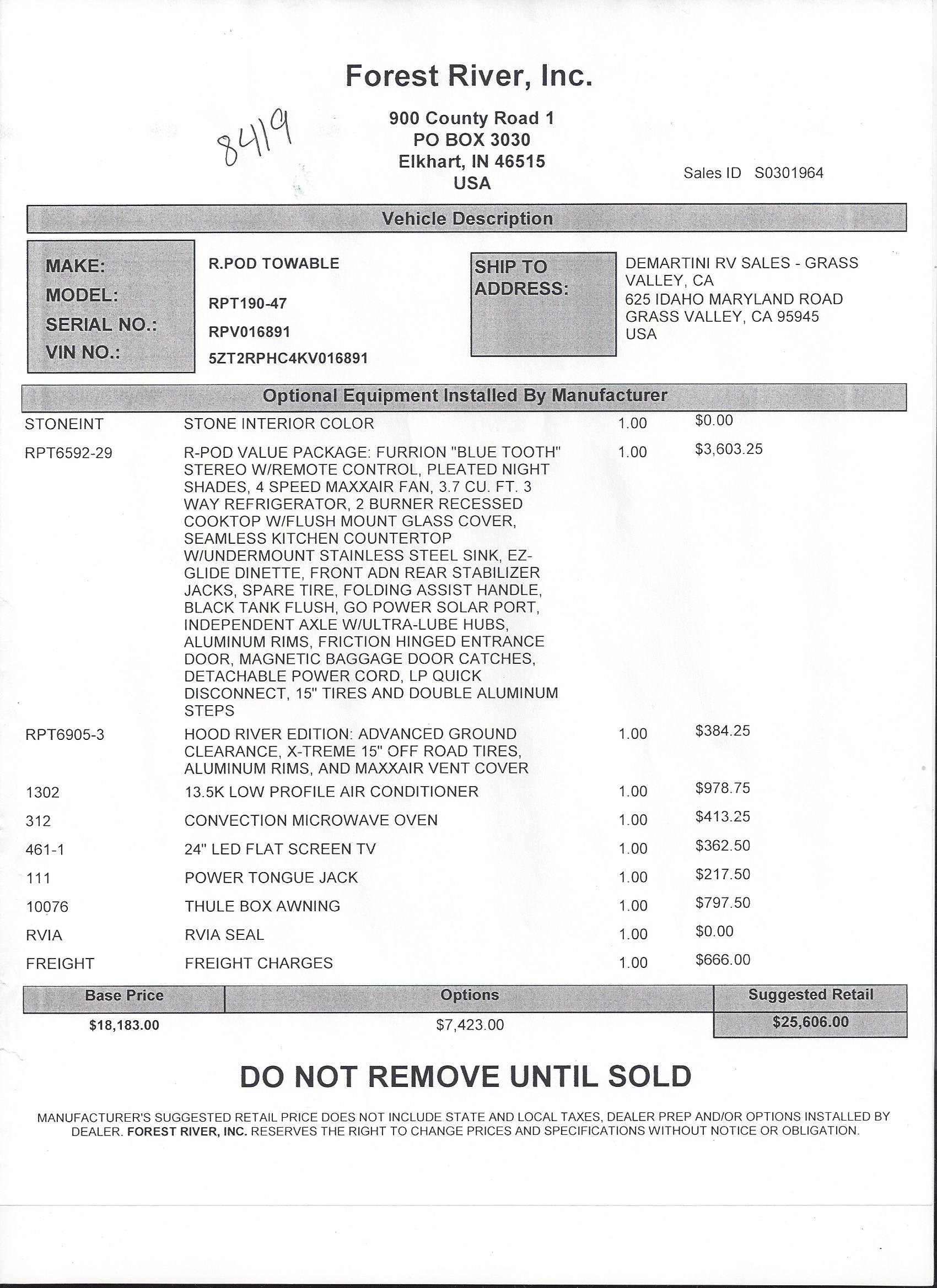 2019 Forest River R-Pod 190 MSRP Sheet